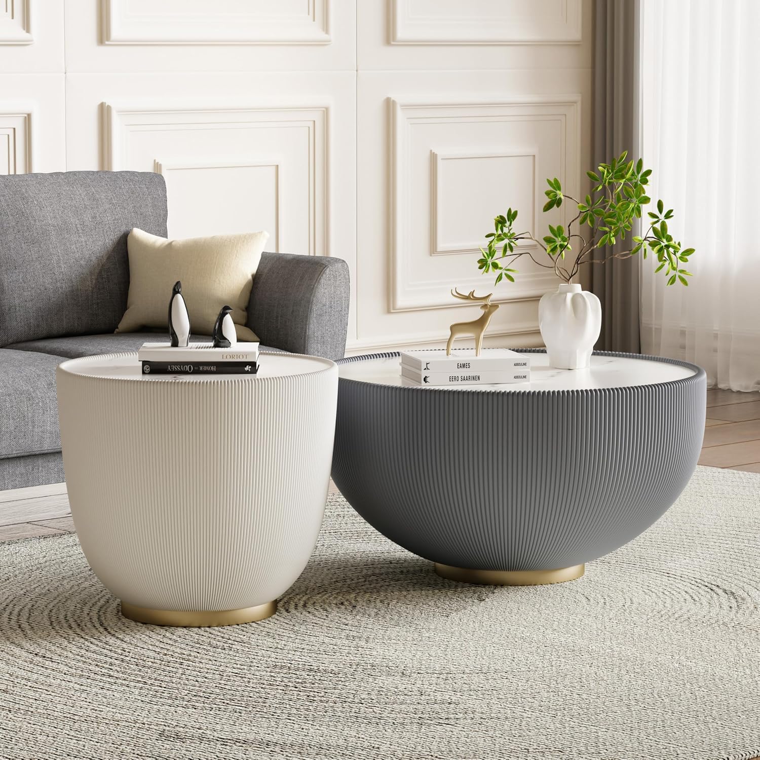 Round Coffee Table Set, 27.56' Grey Drum Center Table and 19.69' White Coffee Table Set, 2 Pieces Living Room Table Set with Sintered Stone Tabletop, Fluted PU Leather Covered and Metal Base