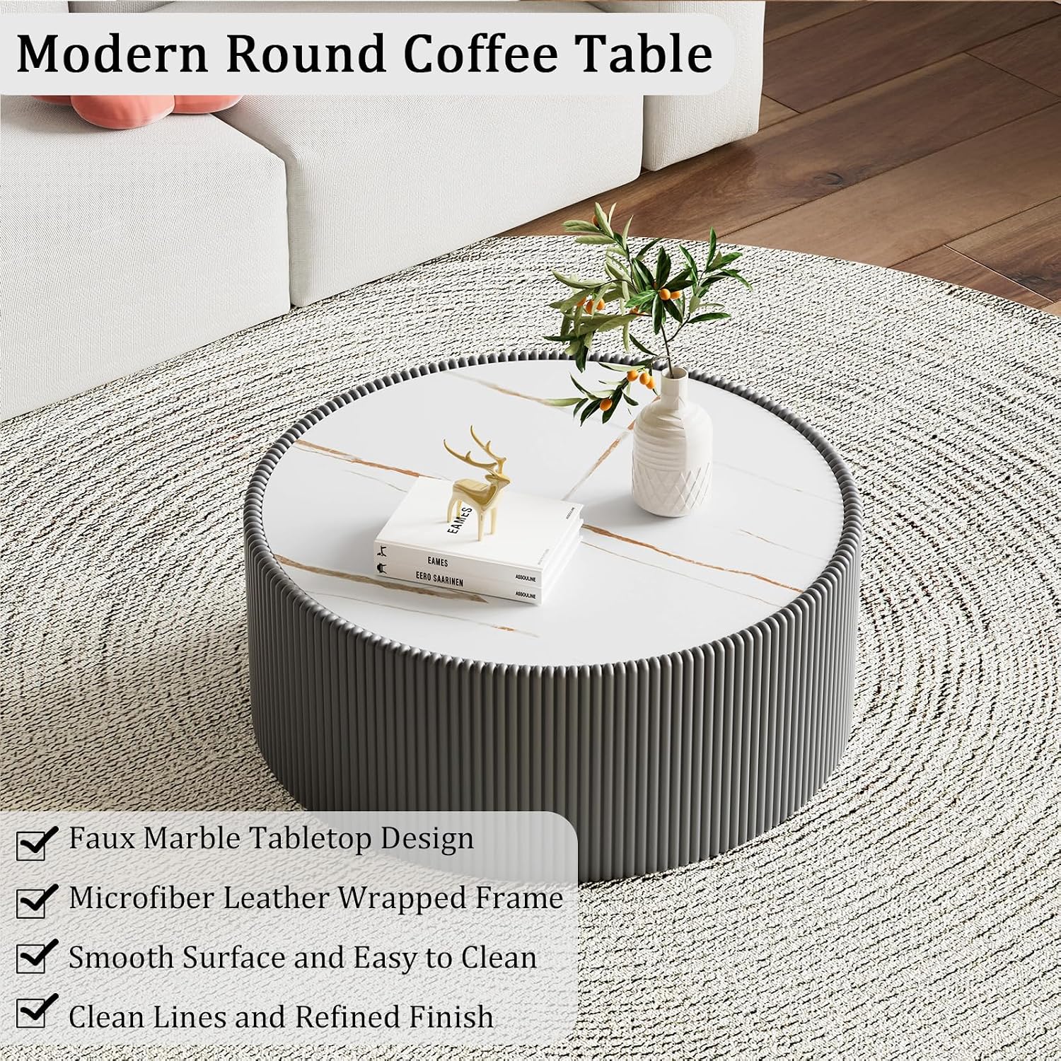 Round Coffee Table Set, 29.52' Grey Drum Center Table and 17.71' Black Coffee Table Set, 2 Pieces Living Room Table Set with Sintered Stone Tabletop, Fluted PU Leather Covered and Stable Base