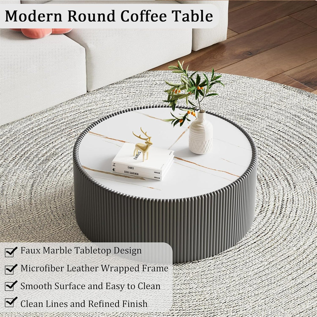 29.52' Grey Round Coffee Table, Drum Coffee Table with Sintered Stone Tabletop and Fluted PU Leather Covered and Stable Base, Circle Cocktail Tea Table for Living Room