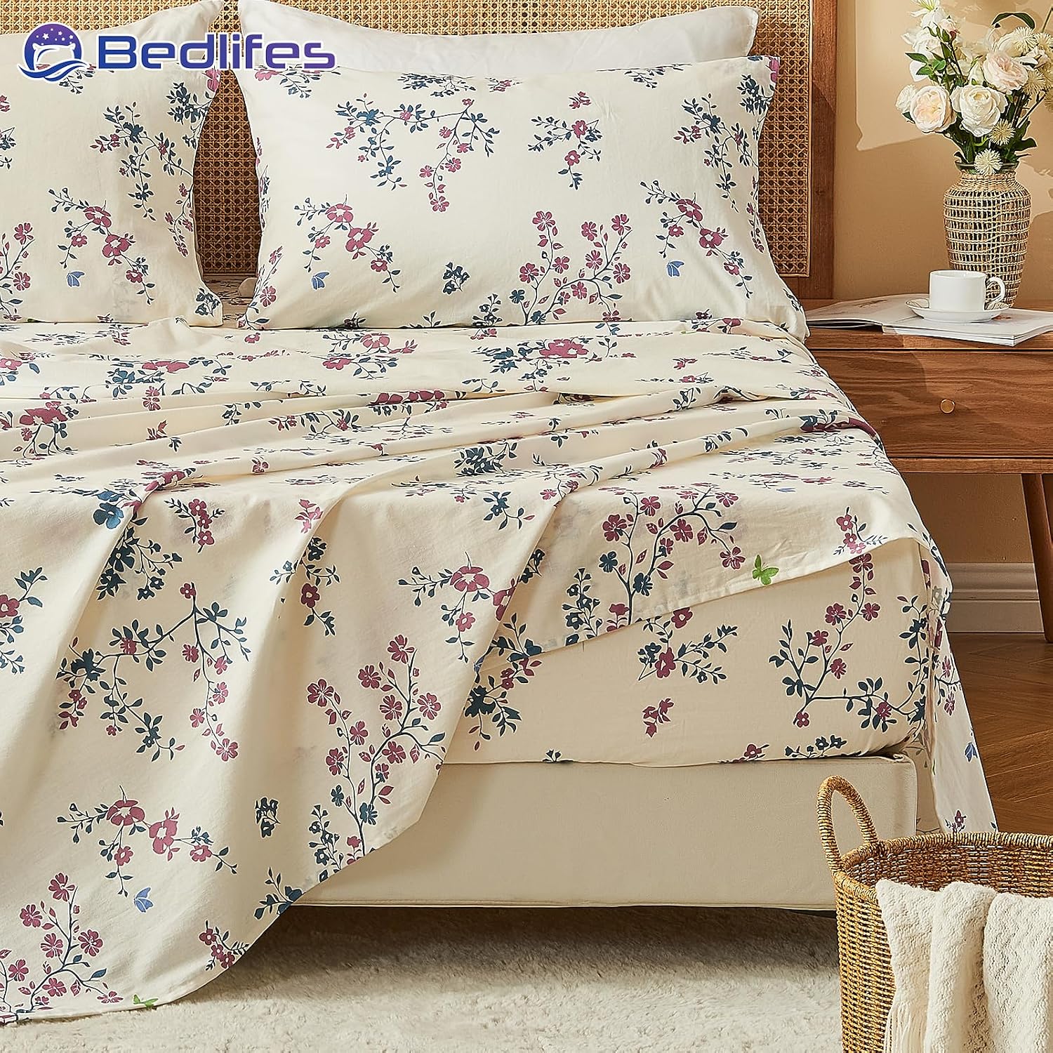 Bedlifes 100% French Linen Sheets Queen Size – Floral Printed, Botanical Pattern Breathable Cooling Sheet Set, 16' Deep Pocket, 4-Piece (Queen, Floral Red)