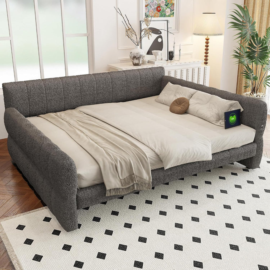 RuiSiSi King Size Daybed with USB, Upholstered Daybed Frame for Bedroom, Modern Daybed King with with USB, Gray