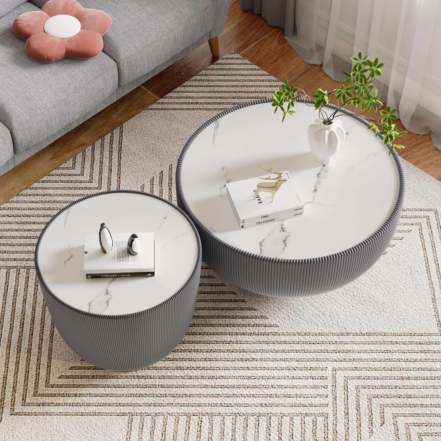 Round Living Room Table Set, 27.56' Grey Drum Center Table and 19.69' Grey Coffee Table Set, 2 Pieces Coffee Table Set with Sintered Stone Tabletop, Fluted PU Leather Covered and Metal Base