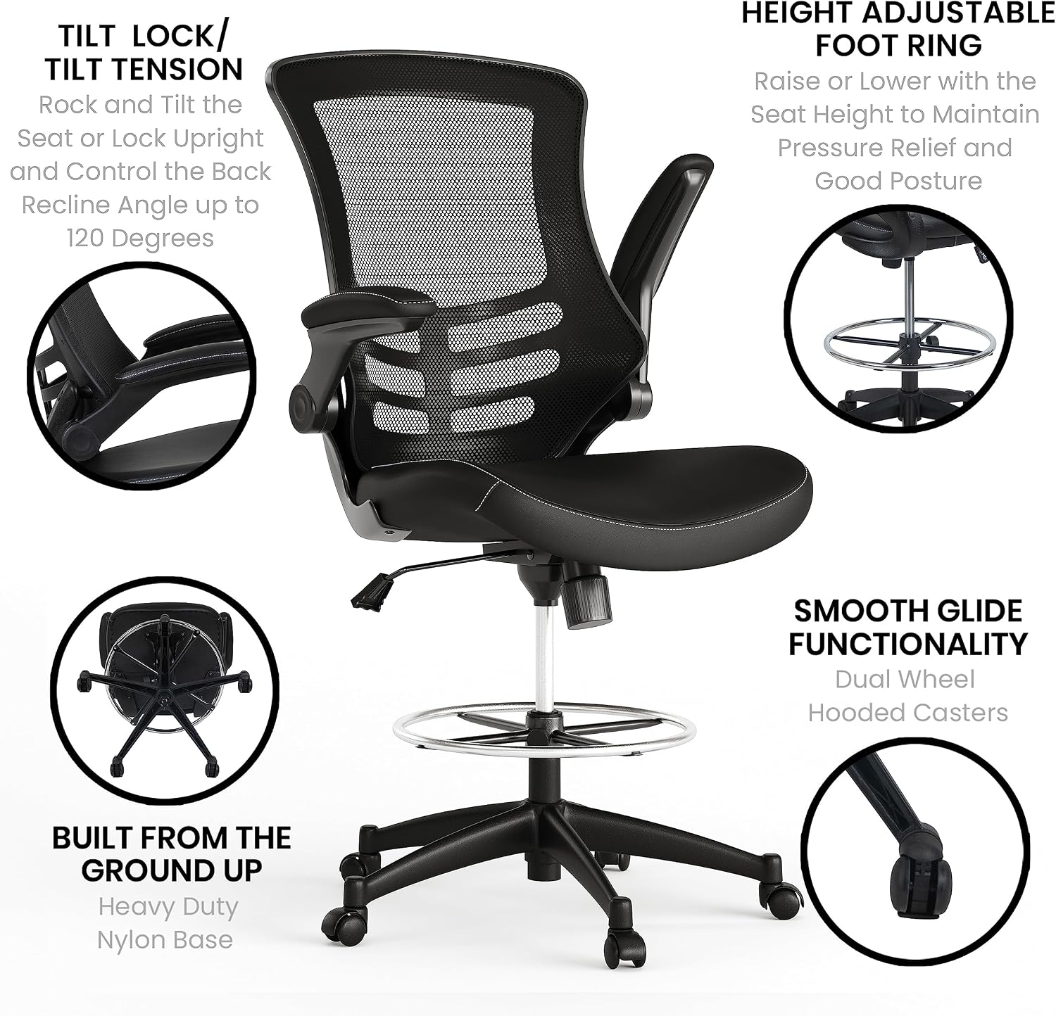 Flash Furniture Kelista Mid-Back Swivel Office Chair with Adjustable LeatherSoft Seat Height, Ergonomic Mesh Chair with Flip-Up Arms, Black