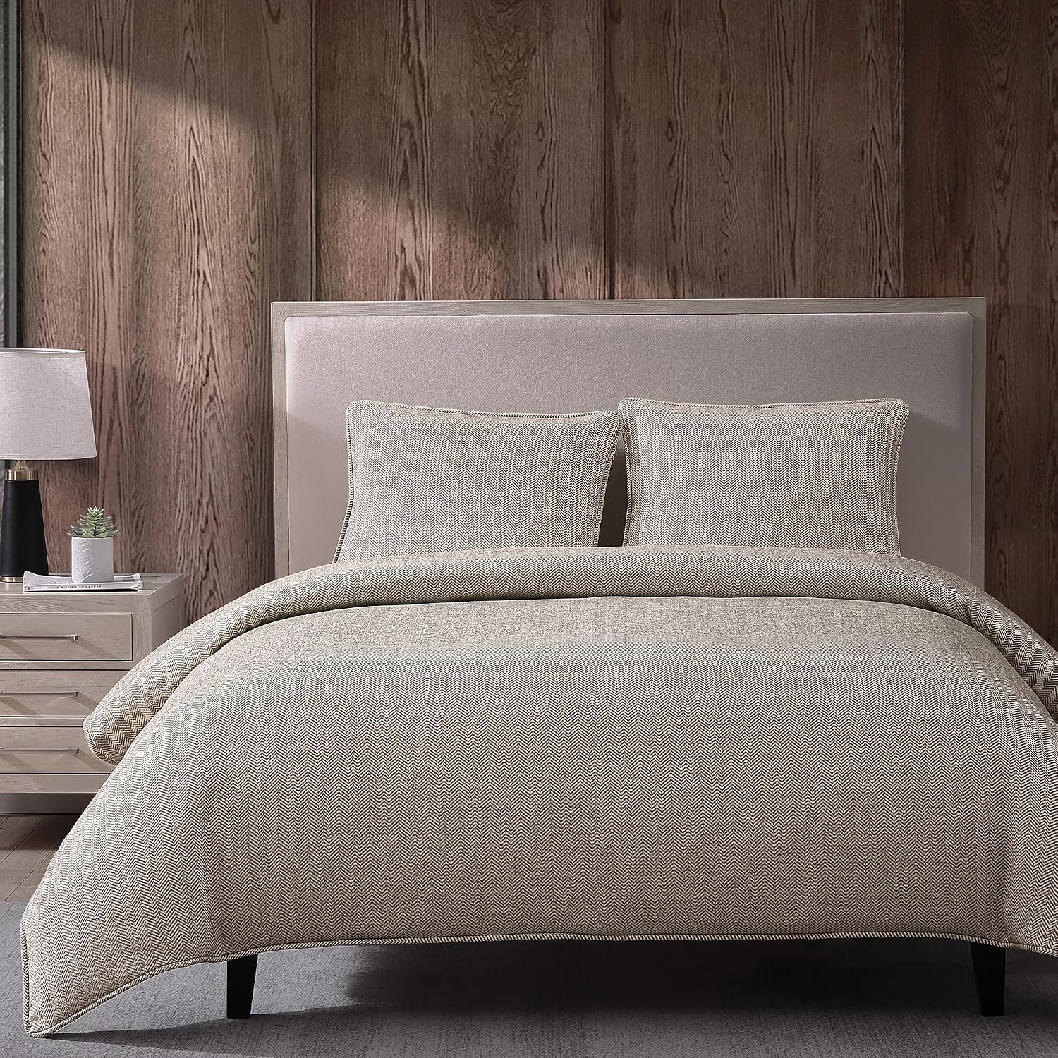 HiEnd Accents Chenille Herringbone 3 Piece King Duvet Set, Light Tan, Timeless Classic Modern Rustic Woven Tweed Luxury Bedding Set, 1 Duvet Cover and 2 Pillowcases