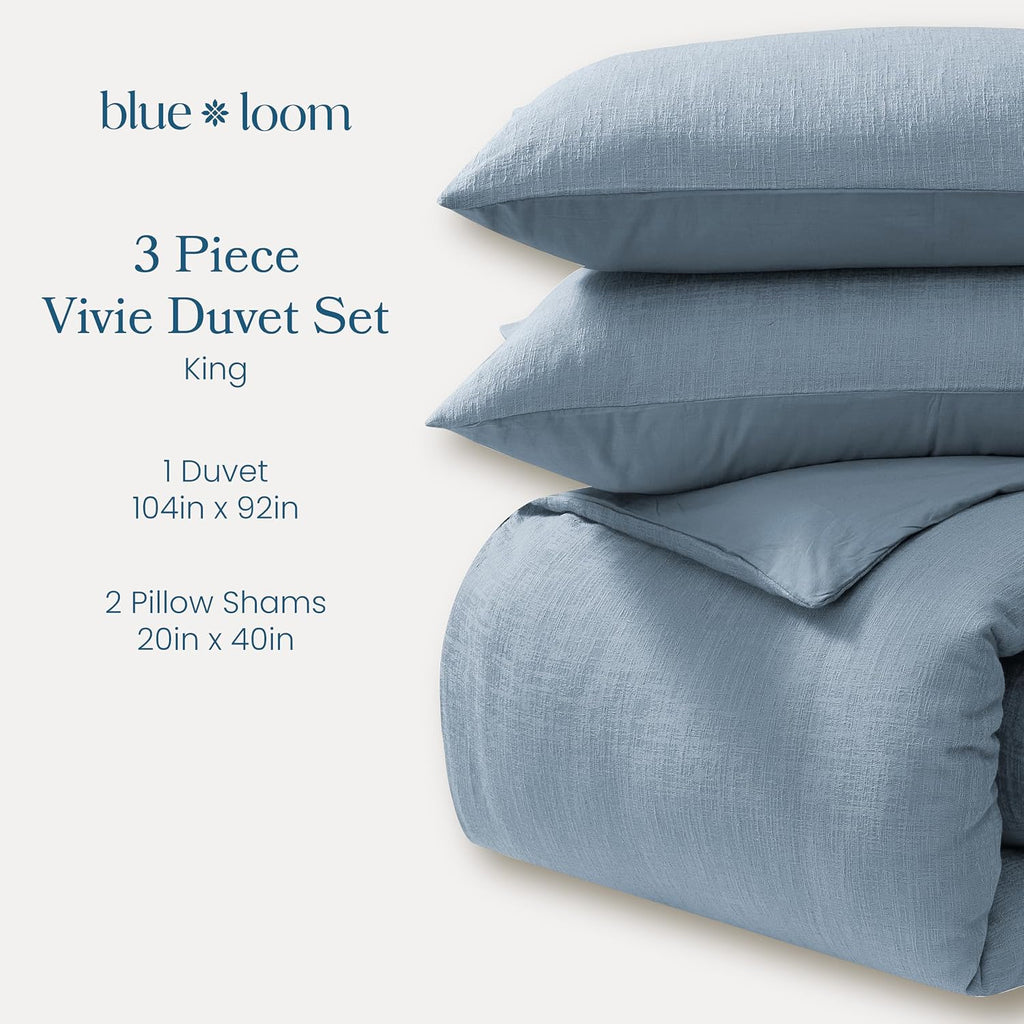 Blue Loom Duvet 100% Cotton Set, 3 Piece, Stone Washed Duvet Set King Size 104' x 92' with 2 Matching Pillow Shams, Comforter Not Included, Vivie - Denim Blue