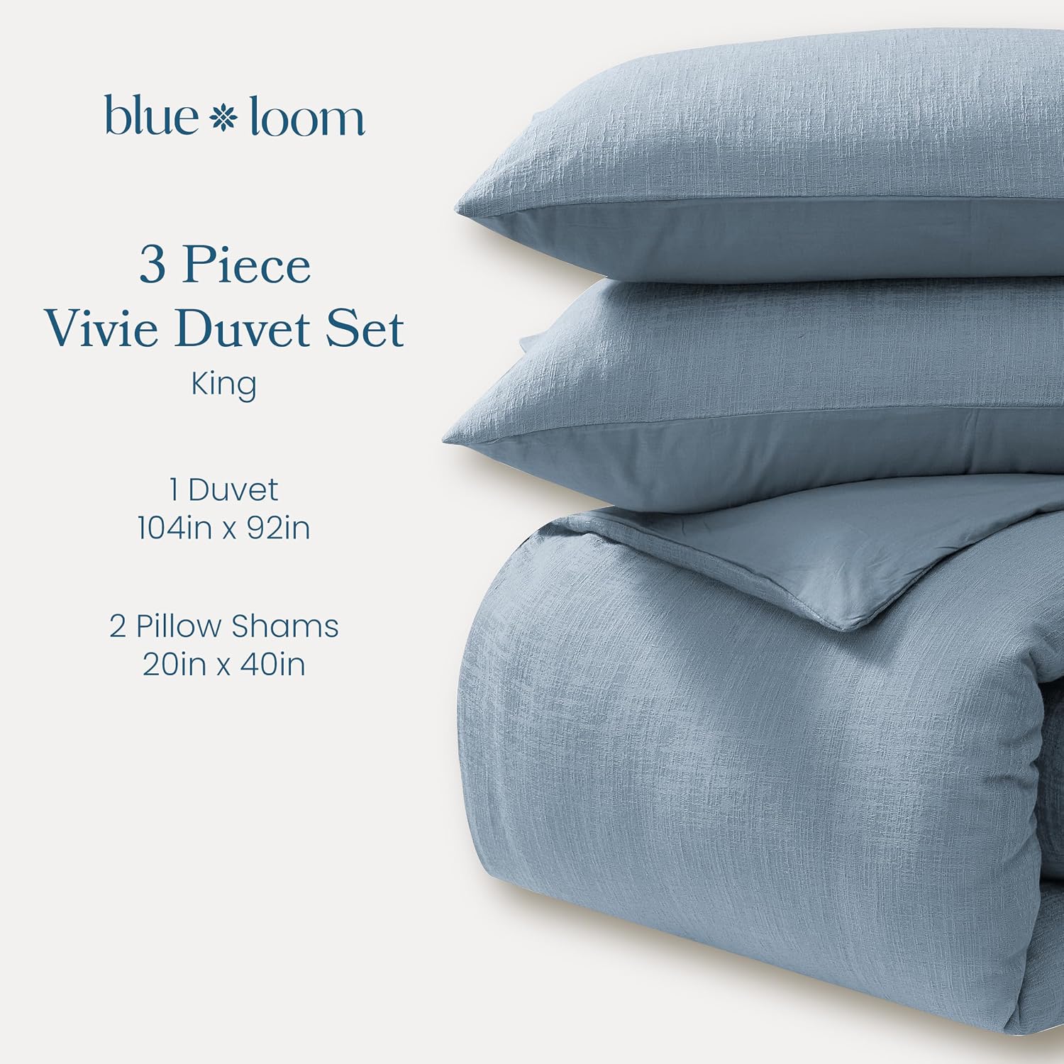 Blue Loom Duvet 100% Cotton Set, 3 Piece, Stone Washed Duvet Set King Size 104' x 92' with 2 Matching Pillow Shams, Comforter Not Included, Vivie - Denim Blue