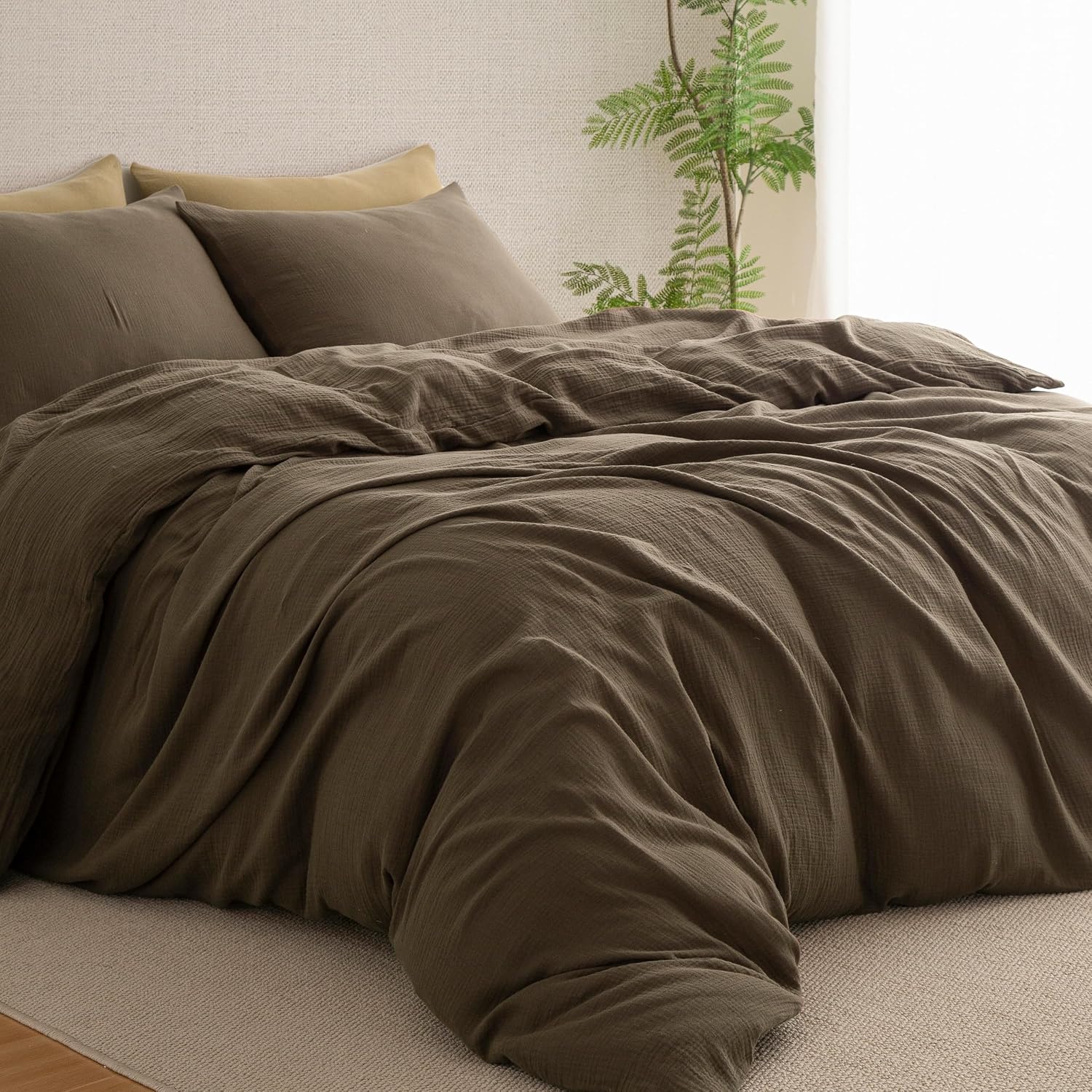 Muslin Duvet Cover 100% Washed Cotton, Oversized King Size Duvet Cover Set Linen Like, Minimalist Soft Comforter Cover, Lightweight Gauze Duvet Cover with 2 Pillowcases, 98'x120', Dark Brown