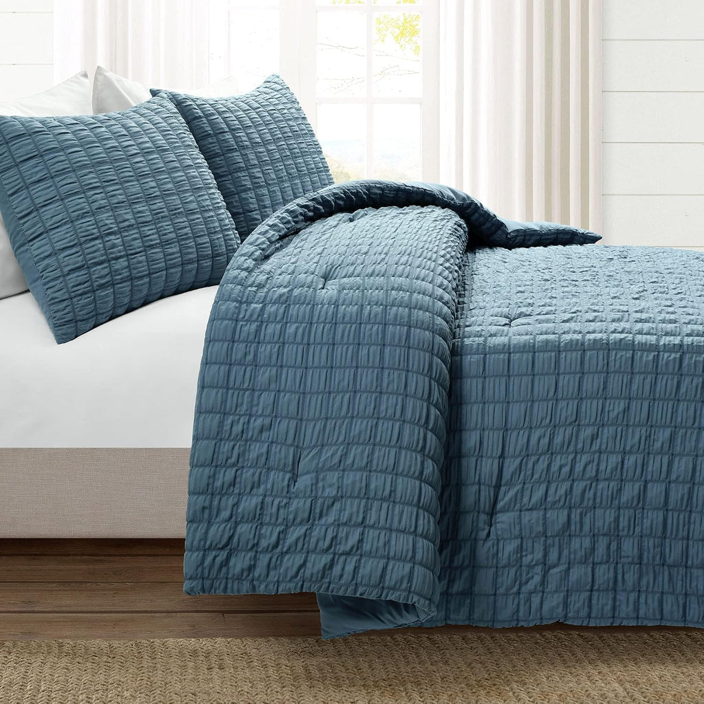 Lush Decor Crinkle Textured Dobby 3 Piece Comforter Set, Full/Queen, Blue