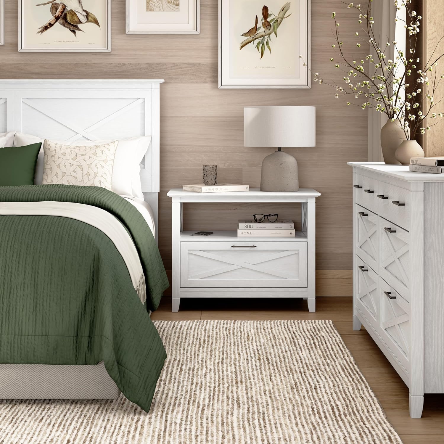Bush Home 32-inch Nightstand with Drawer - Set of 2, Bedroom Furniture, Key West Collection, Pure White Oak
