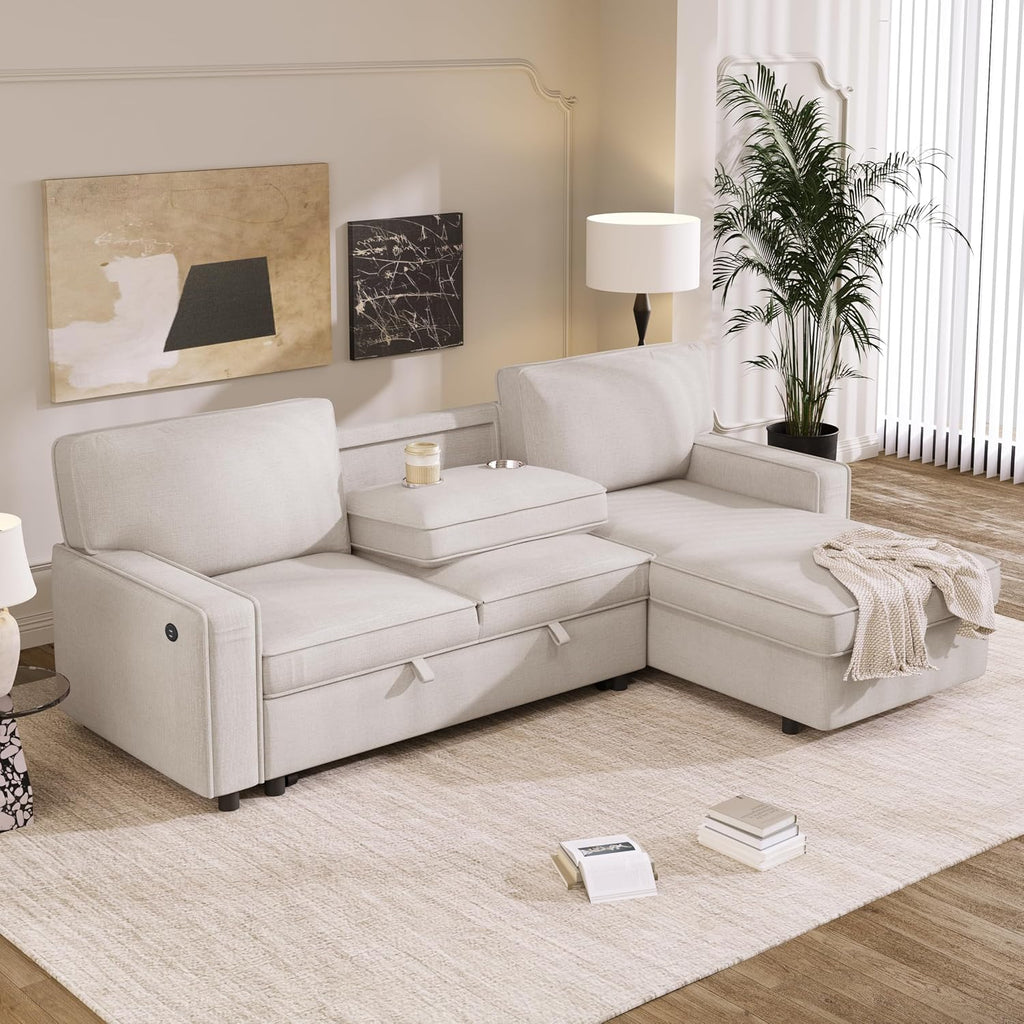 Merax 89' L-Shaped Sleeper Sofa Bed with Pull Out Bed & Reversible Chaise, Sleeper Sofa Couch with Storage Space, USB Port, and 2 Cup Holders on Back Cushions for Living Room Furniture Set, Beige
