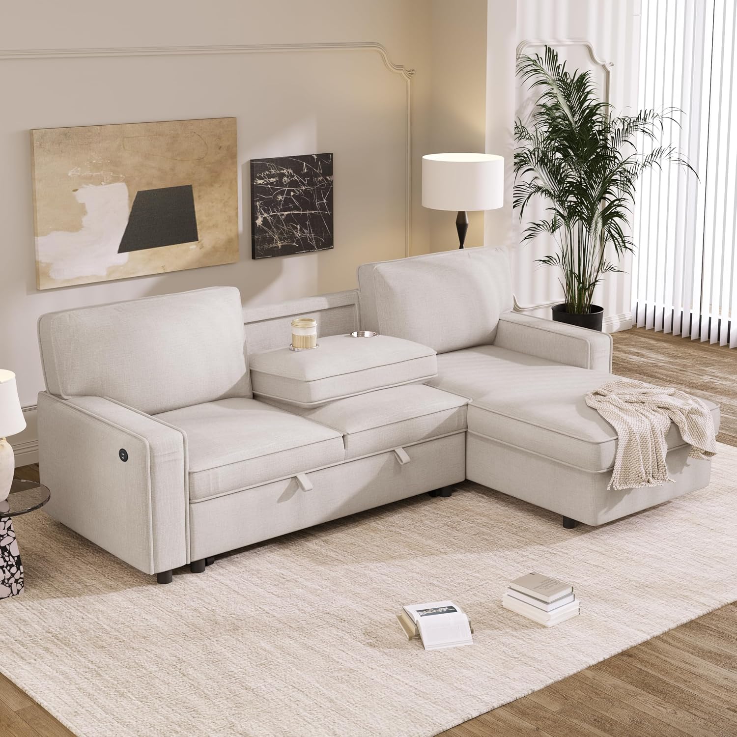 Merax 89' L-Shaped Sleeper Sofa Bed with Pull Out Bed & Reversible Chaise, Sleeper Sofa Couch with Storage Space, USB Port, and 2 Cup Holders on Back Cushions for Living Room Furniture Set, Beige