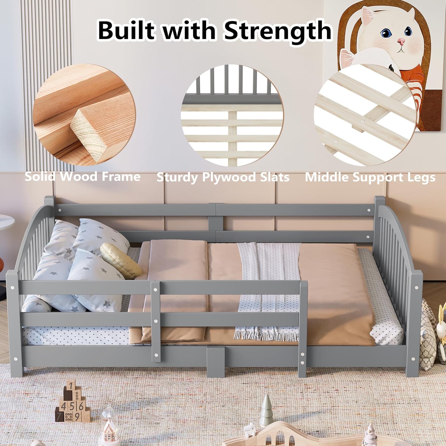 Bellemave Full Size Kids Montessori Floor Bed,Full Size Floor Bed Frame with Slats and Safety Guardrail,Solid Wood Montessori Bed for Girls Boys,Gray