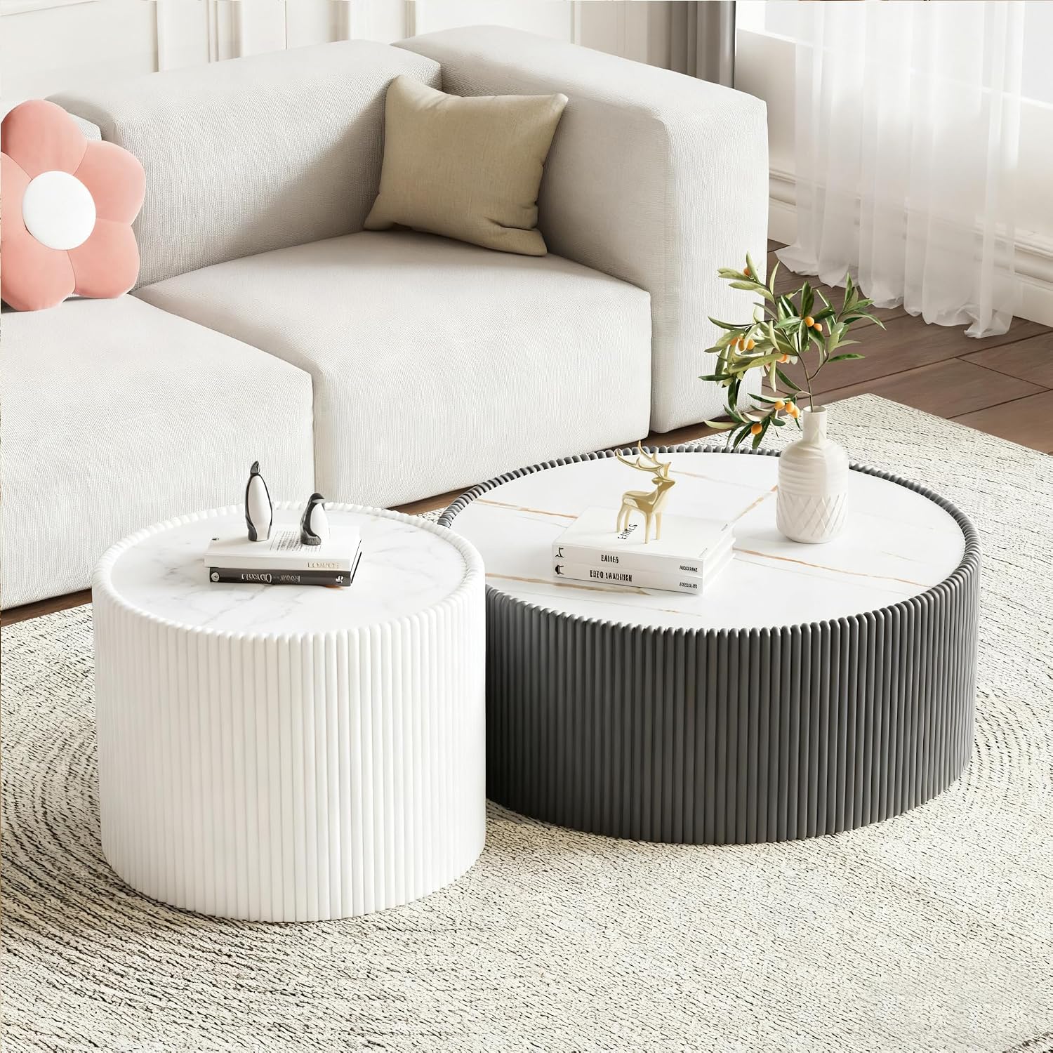 Round Living Room Table Set, 29.52' Grey Drum Center Table and 17.71' White Coffee Table Set, 2 Pieces Coffee Table Set with Sintered Stone Tabletop, Fluted PU Leather Covered and StableBase