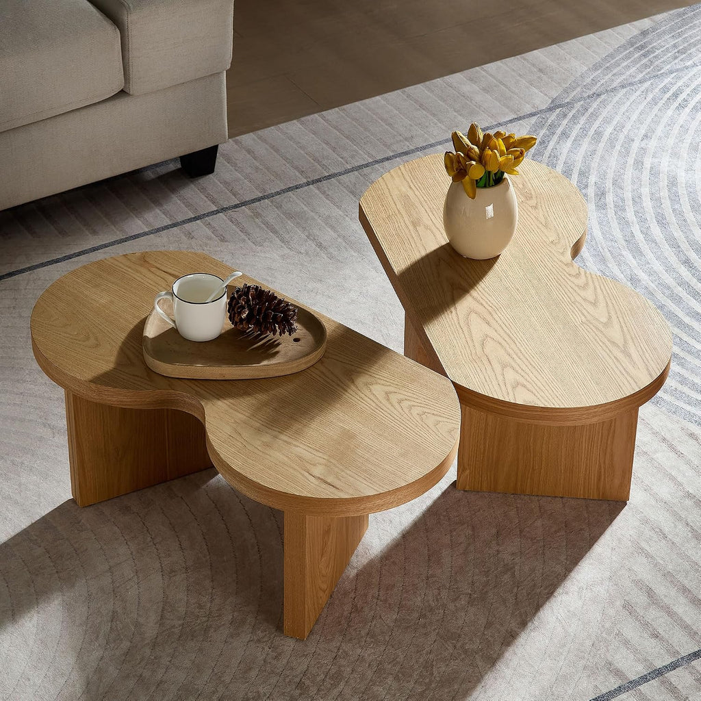 Nesting Coffee Table Set of 2 for Living Room, Couch/Bedroom Side, Butterfly Shaped Unique Cute, 31.49' Wood Irregular Fun Center Table for Small Space - Oak