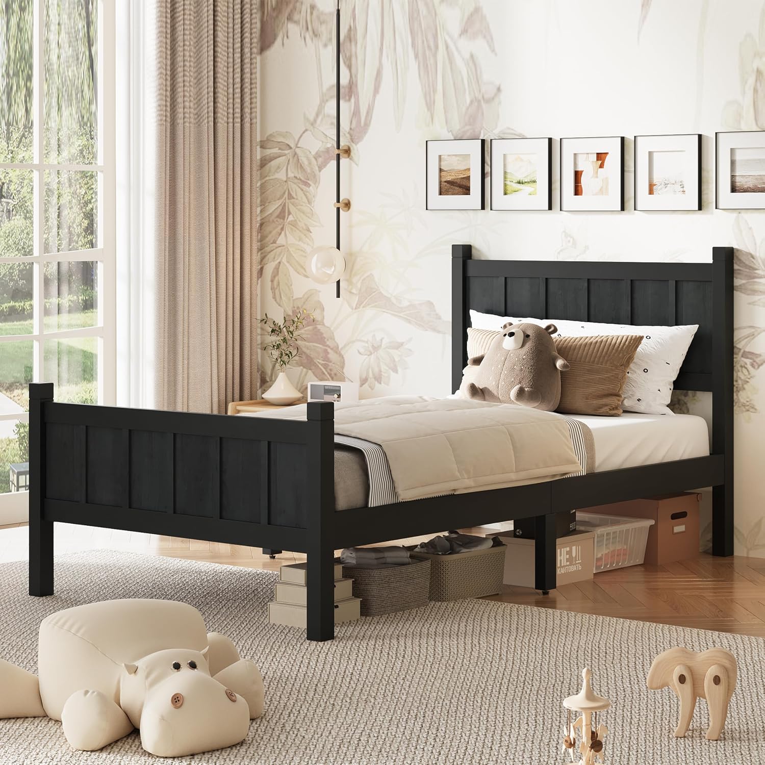 Twin Size Flat Panel Bed with Headboard & Footboard – Minimalist Modern Platform Bed with Wood Grain Finish, Shaker & Farmhouse, 11.5' Under-Bed Storage, Sleek & Functional (Black3, Twin)