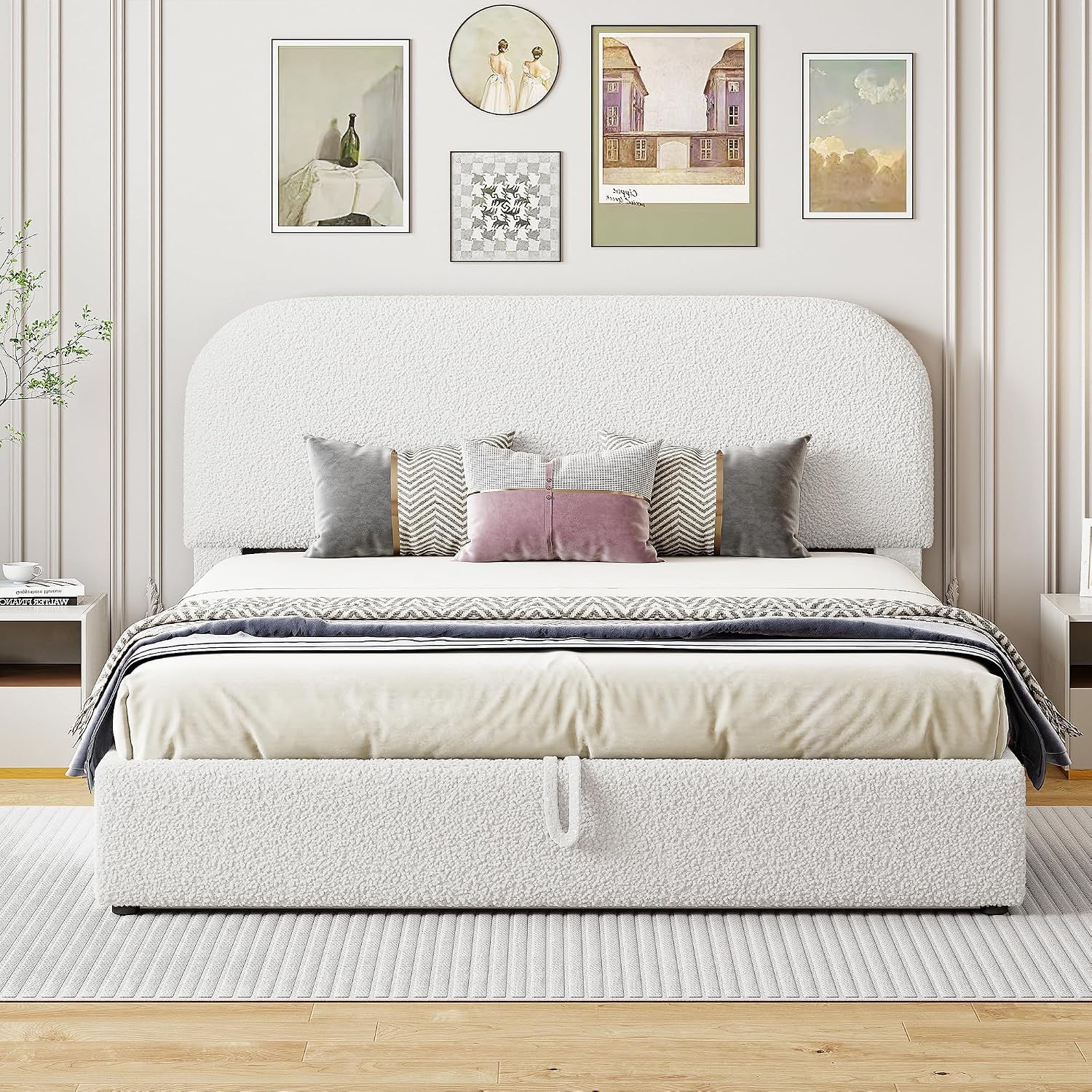 Upholstered Platform Bed with Hydraulic Storage System and Curved Shaped Headboard, Queen Size Wood Bed Frame for Kids Adults Bedroom Furniture, Teddy Fleece Thick Upholstered Bed Grounded Bed
