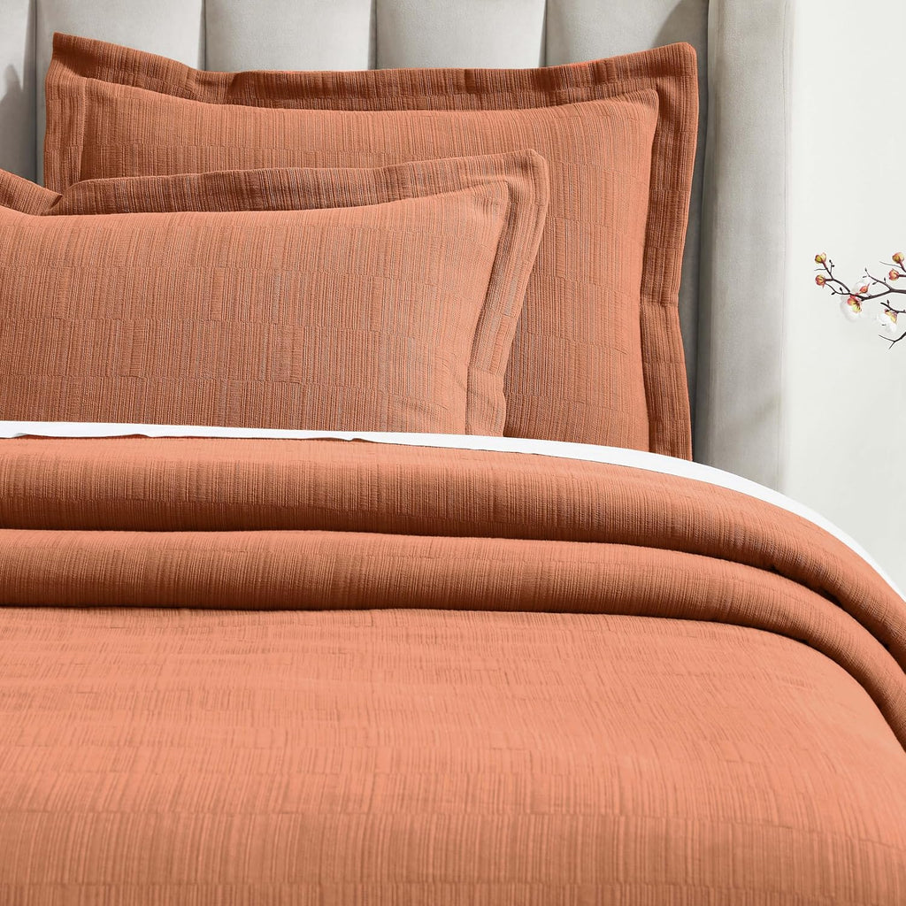 Superior 3 Piece Cotton Bedspread and Sham Set, Home Bed Decor, Decorative Bed Spread, 2 Pillow Shams, Medium Weight, Matelasse Coverlet, Bedding Essentials, Zenith Collection, Queen, Burnt Orange