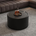 27.56' Black Round Coffee Table with Hidden Storage, Drum Coffee Table with Tempered Glass Top and PU Leather Body, Circle Cocktail Tea Table for Living Room, No Assemble