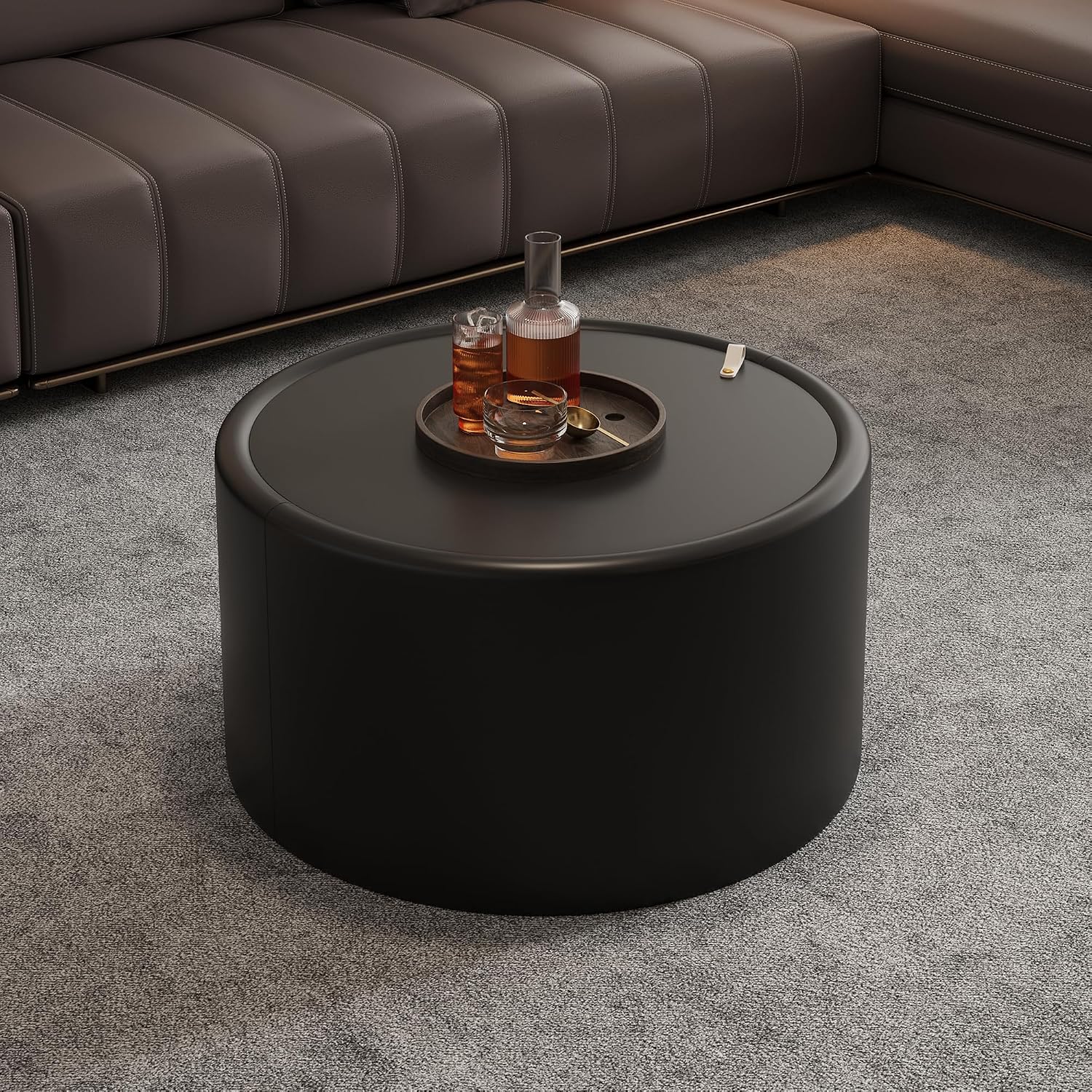 27.56' Black Round Coffee Table with Hidden Storage, Drum Coffee Table with Tempered Glass Top and PU Leather Body, Circle Cocktail Tea Table for Living Room, No Assemble