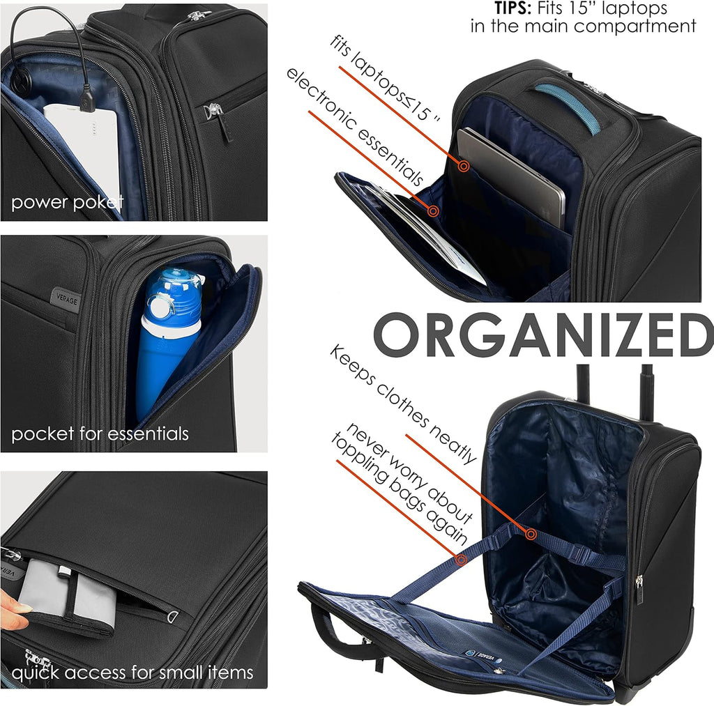 Verage Carry On Underseat Luggage with Wheels & USB Port, 16 Inch Wheeled Spinner Bag Carry-on Luggages for Airlines, Lightweight Suitcase Men Women, Pilots and Crew(16-Inch Rolling Underseat)