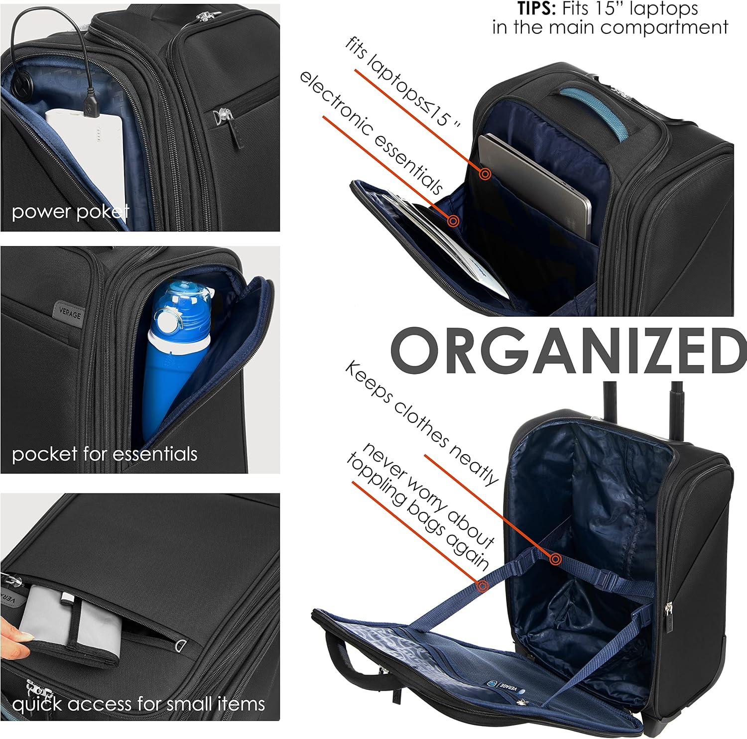 Verage Carry On Underseat Luggage with Wheels & USB Port, 16 Inch Wheeled Spinner Bag Carry-on Luggages for Airlines, Lightweight Suitcase Men Women, Pilots and Crew(16-Inch Rolling Underseat)
