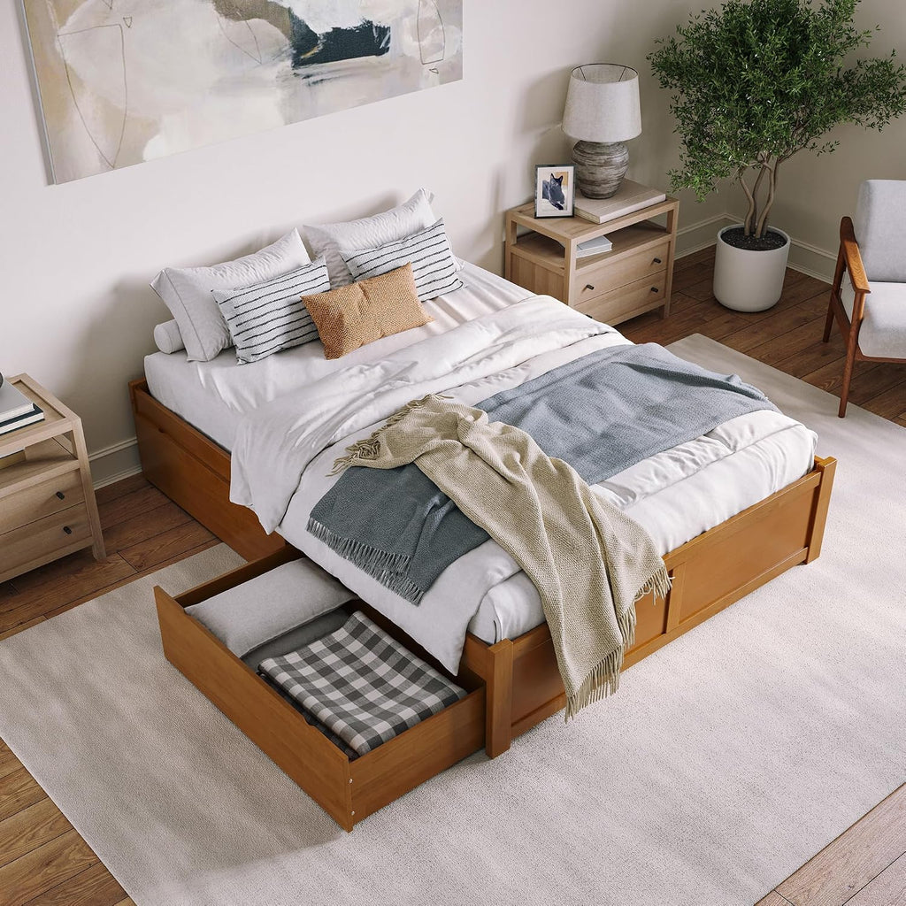 AFI Concord Queen Solid Wood Platform Bed with Footboard & Storage Drawers in Light Toffee