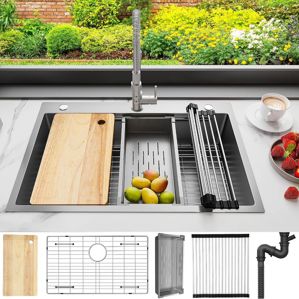 YITAHOME Drop In Kitchen Sink Workstation 33in, 304 Stainless Steel Single Bowl Top Mount Sink w/Ledge & Accessories, Honeycomb Surface Design, 33 x 22 x 10 in, Silver