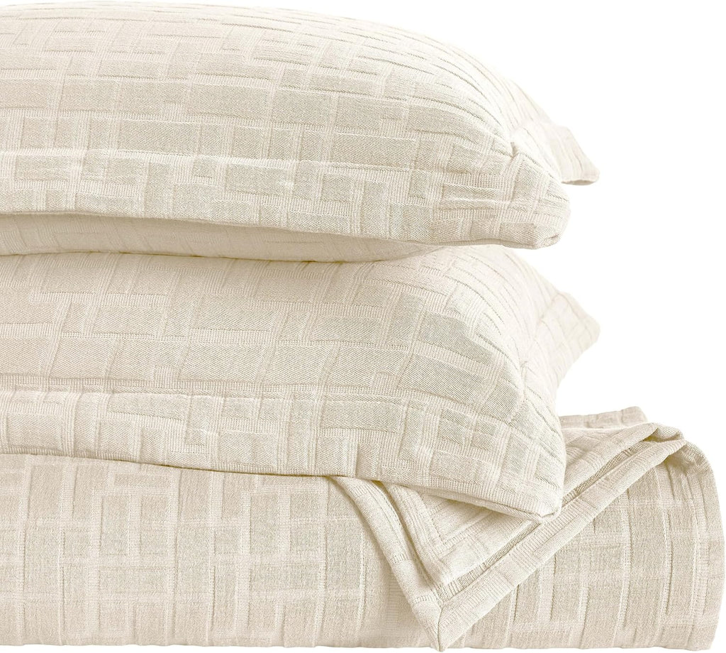 Superior 3 Piece Cotton Bedspread and Sham Set, Home Bed Decor, Decorative Bed Spread, 2 Pillow Shams, Medium Weight, Geometric Matelasse Coverlet, Bedding Essentials, Madrid Collection, Queen, Ivory