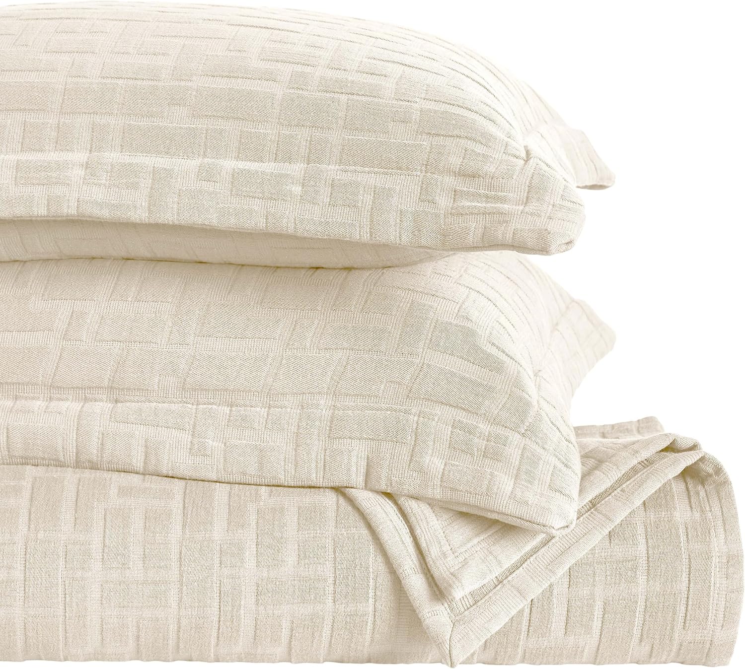 Superior 3 Piece Cotton Bedspread and Sham Set, Home Bed Decor, Decorative Bed Spread, 2 Pillow Shams, Medium Weight, Geometric Matelasse Coverlet, Bedding Essentials, Madrid Collection, Queen, Ivory