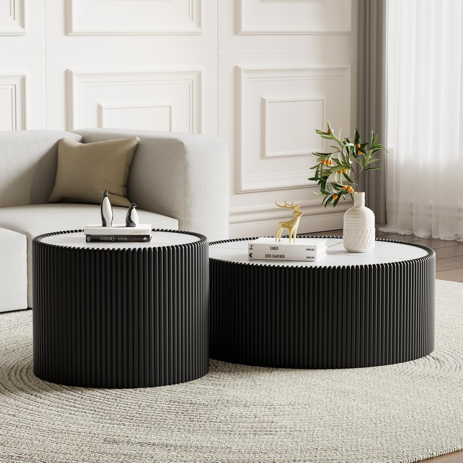 Round Living Room Table Set, 29.52' Black Drum Center Table and 17.71' Black Coffee Table Set, 2 Pieces Coffee Table Set with Sintered Stone Tabletop, Fluted PU Leather Covered and StableBase