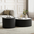 Round Coffee Table Set, 29.52' Black Drum Center Table and 17.71' Black Coffee Table Set, 2 Pieces Living Room Table Set with Sintered Stone Tabletop, Fluted PU Leather Covered and Stable Base