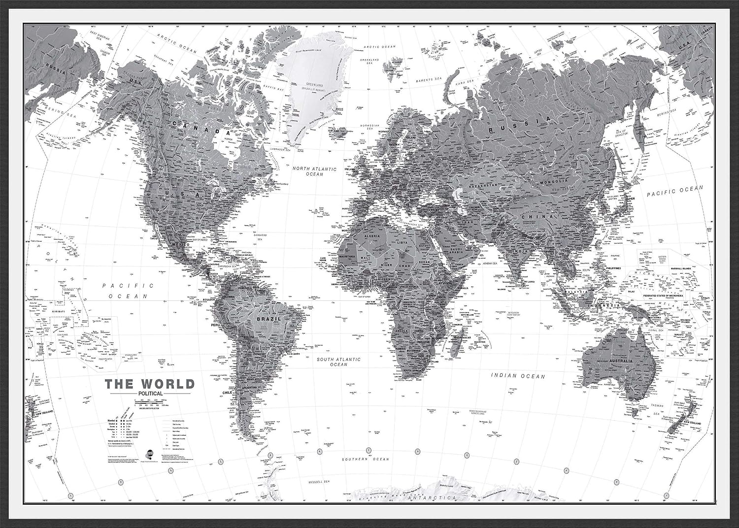 Maps International Large Political World Wall Map - Black & White - Push Pin Board Mounted with Black Wood Frame - 36 x 48