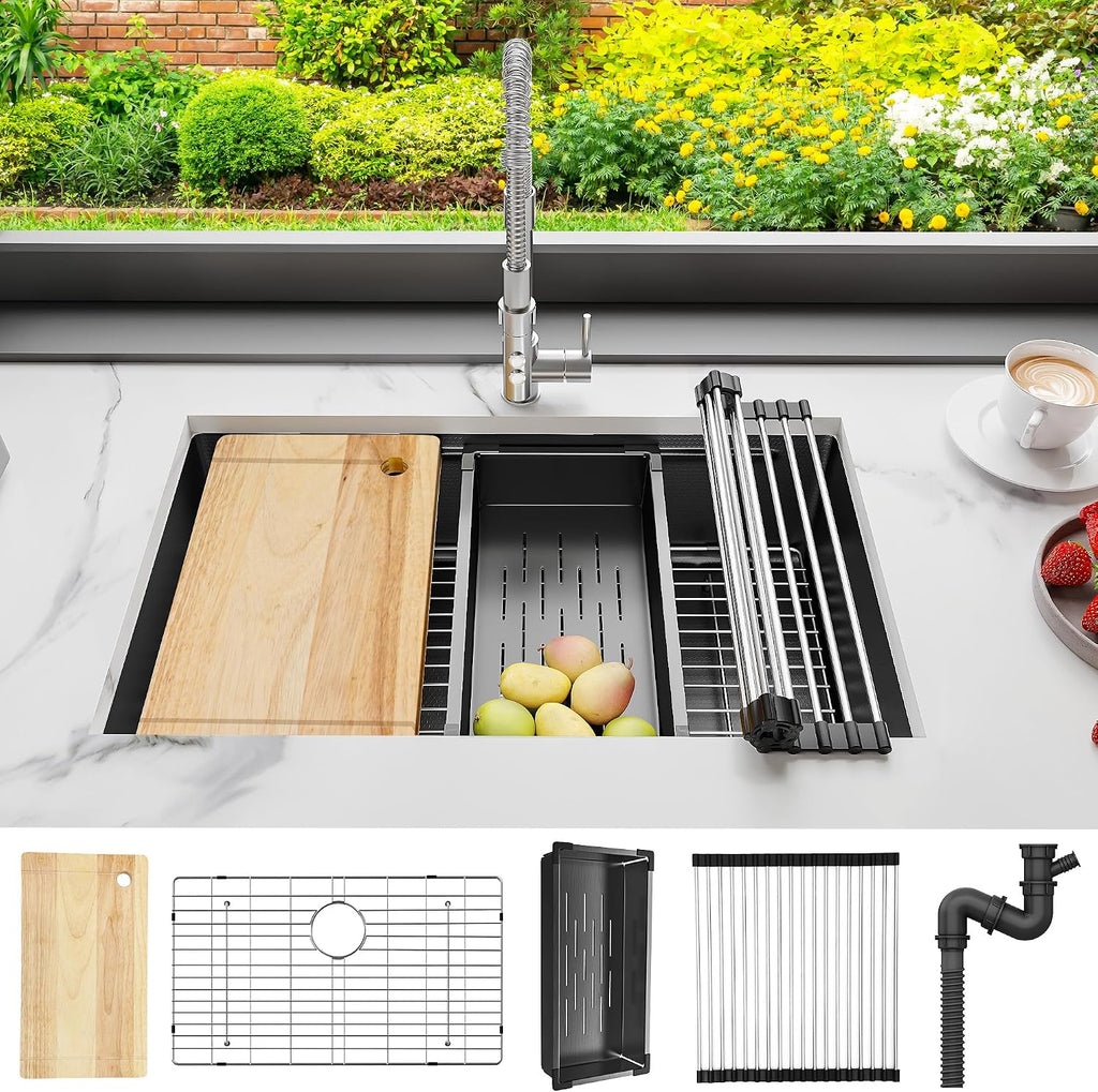 YITAHOME Kitchen Sink Undermount Workstation 32in,Gunmetal Black Stainless Steel Single Bowl w/Ledge & Accessories, Nano-treated Surface Prevents Scratches, RV, Bar Sink 32x19x10in