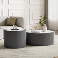 Round Living Room Table Set, 29.52' Grey Drum Center Table and 17.71' Grey Coffee Table Set, 2 Pieces Coffee Table Set with Sintered Stone Tabletop,Fluted PU Leather Covered and StableBase