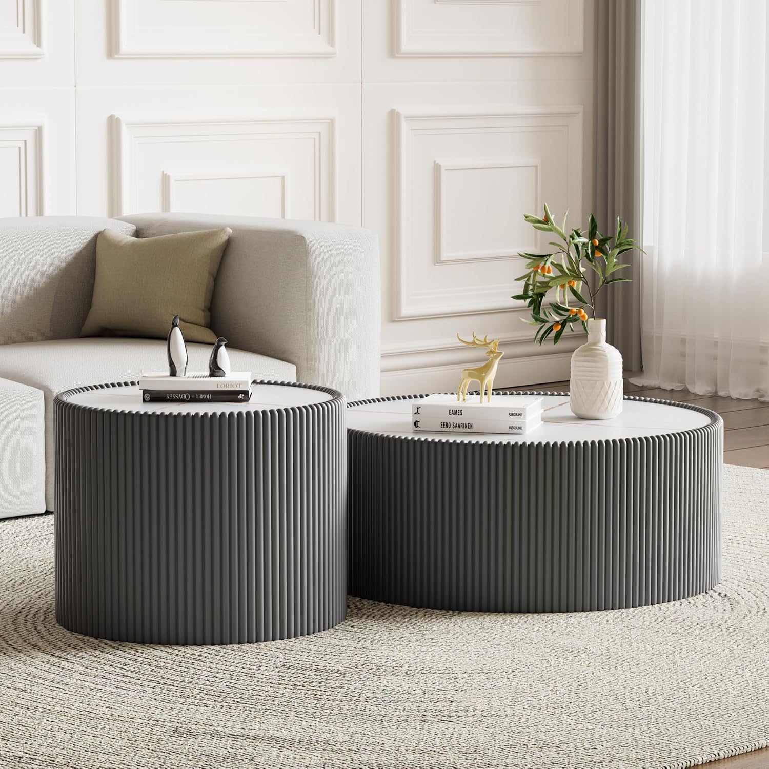 Round Living Room Table Set, 29.52' Grey Drum Center Table and 17.71' Grey Coffee Table Set, 2 Pieces Coffee Table Set with Sintered Stone Tabletop,Fluted PU Leather Covered and StableBase