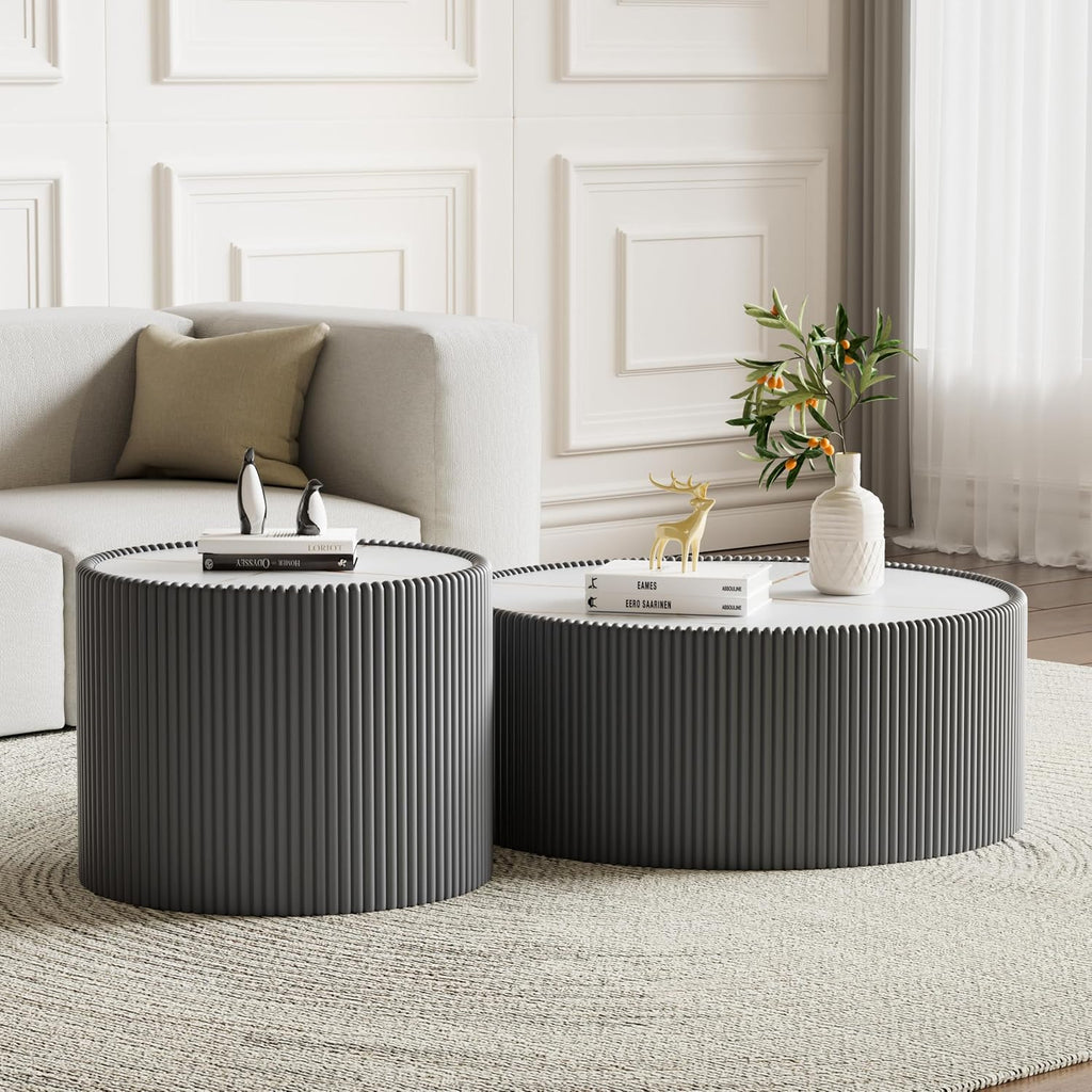 Round Coffee Table Set, 29.52' Grey Drum Center Table and 17.71' Grey Coffee Table Set, 2 Pieces Living Room Table Set with Sintered Stone Tabletop,Fluted PU Leather Covered and Stable Base