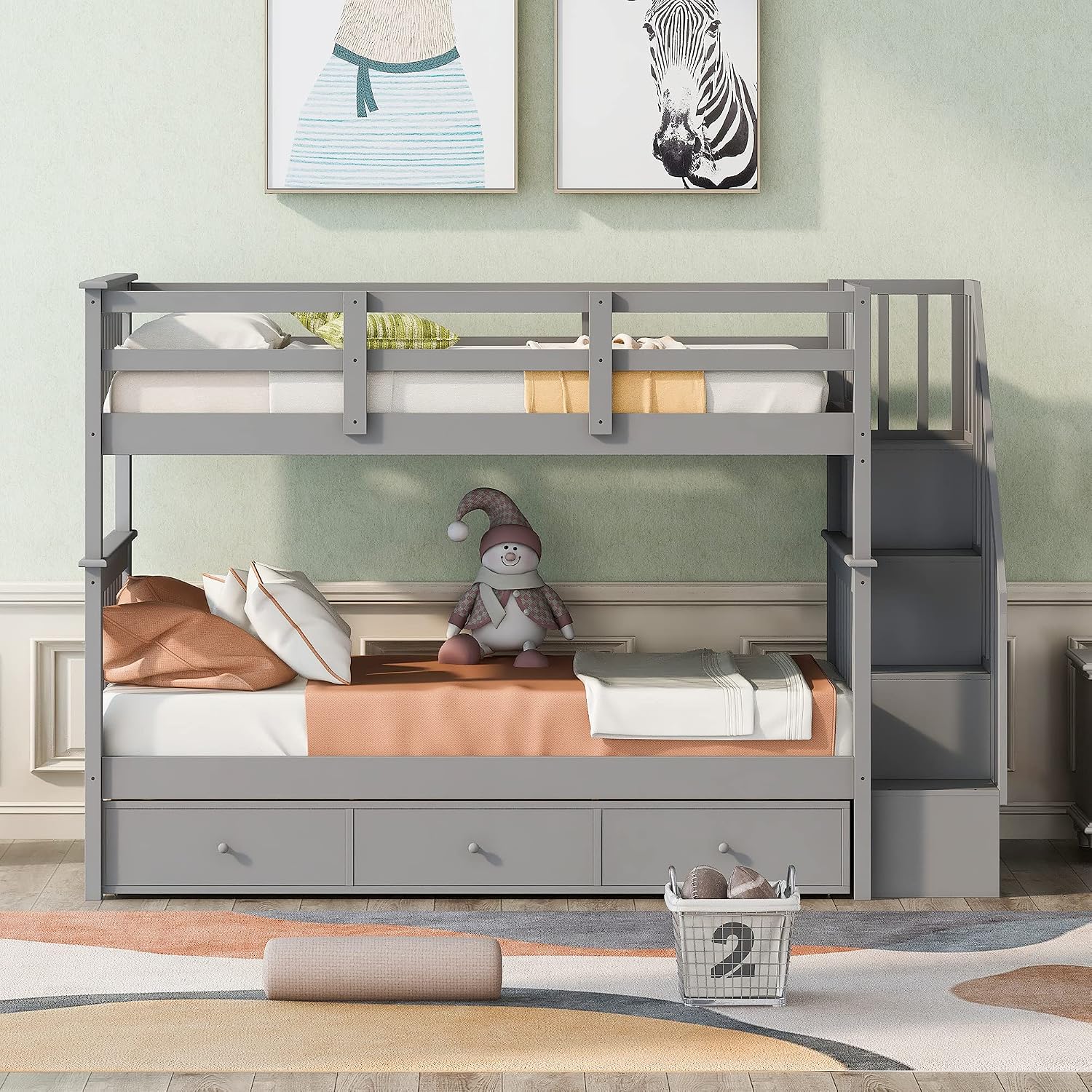 Merax Twin Over Twin Stairway Bunk Bed with 3 Storage Drawers and Staircase, Solid Wood Storage Bunk Bed Frame with Guardrail, Can be Separated into 2 Beds, Grey