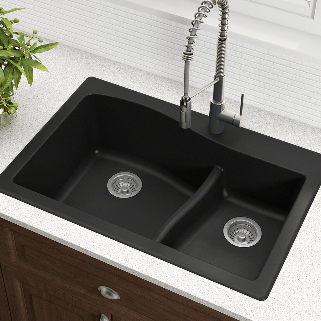 KRAUS KGD-442 Quarza 33-inch 33' Dual Mount 60/40 Double Bowl Granite Kitchen Sink in Black