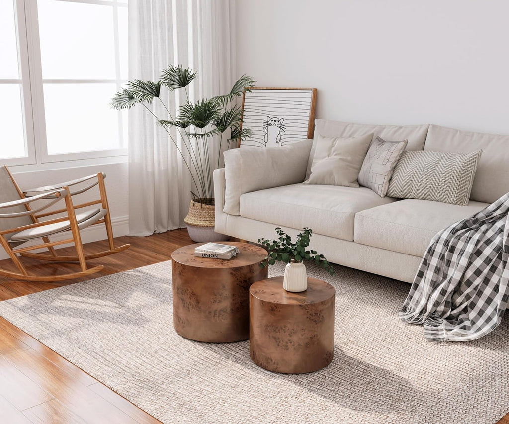 Nesting Coffee Table Set of 2, Modern Round Coffee Table Drum Side Table, Wooden Circle Accent Tables End Tables for Small Spaces Living Room Bedroom Office (Dark Brown)