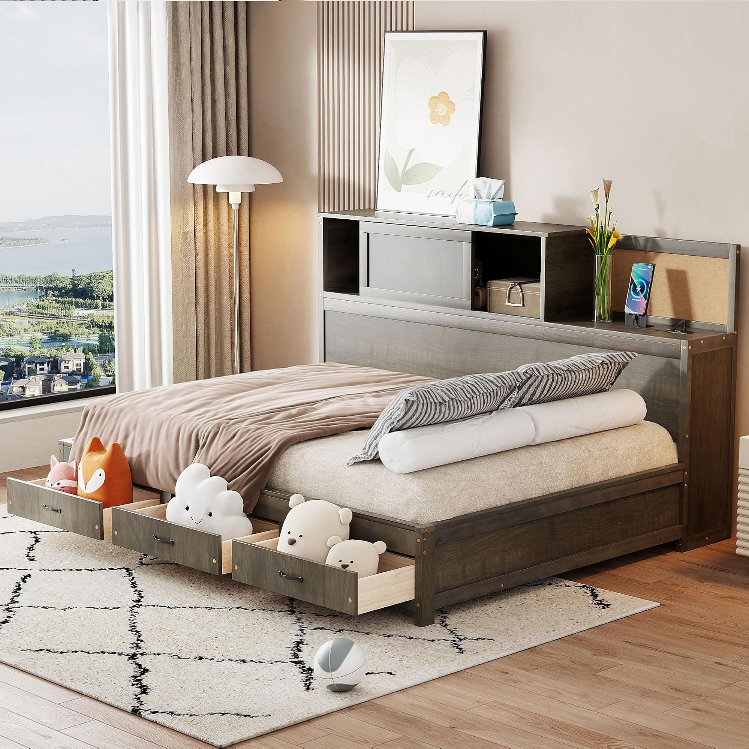 Ball & Cast Full Size Wooden Daybed with 3 Storage Drawers and Upper Soft Board,Versatile Day Bed w/a Set of Sockets & USB Ports,Bedroom Furniture for Apartment,Guest Room,Gray