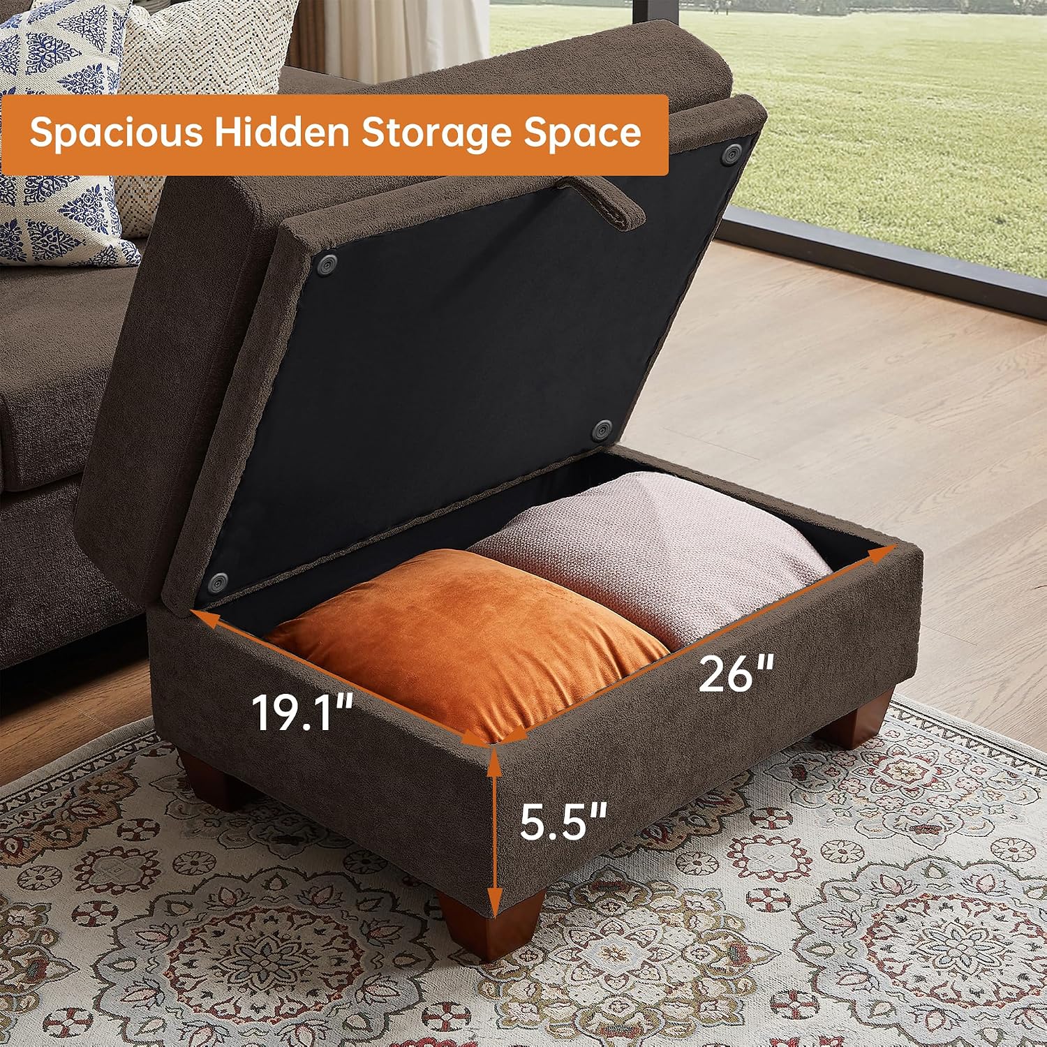 108' Sectional Sofa, Convertible L Shaped Sofa with Ottoman and Large Storage, 4 Seat Sectional Couch with Cup Holder, Couches for Living Room, Apartment, Office (Brown)
