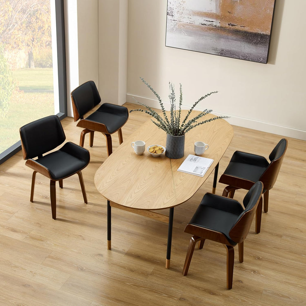 Zouron 360° Swivel Dining Chairs, Mid Century Modern Retro Faux Leather Chair with Walnut Bentwood Legs, Kitchen Dining Room Chairs with Upholstered Seat, (Set of 4, Black)