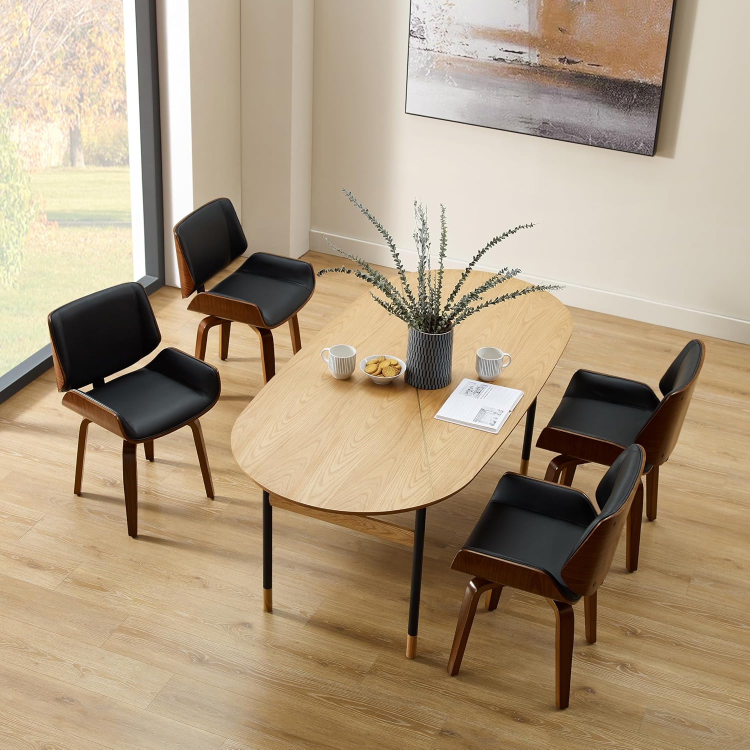 Zouron 360° Swivel Dining Chairs, Mid Century Modern Retro Faux Leather Chair with Walnut Bentwood Legs, Kitchen Dining Room Chairs with Upholstered Seat, (Set of 4, Black)