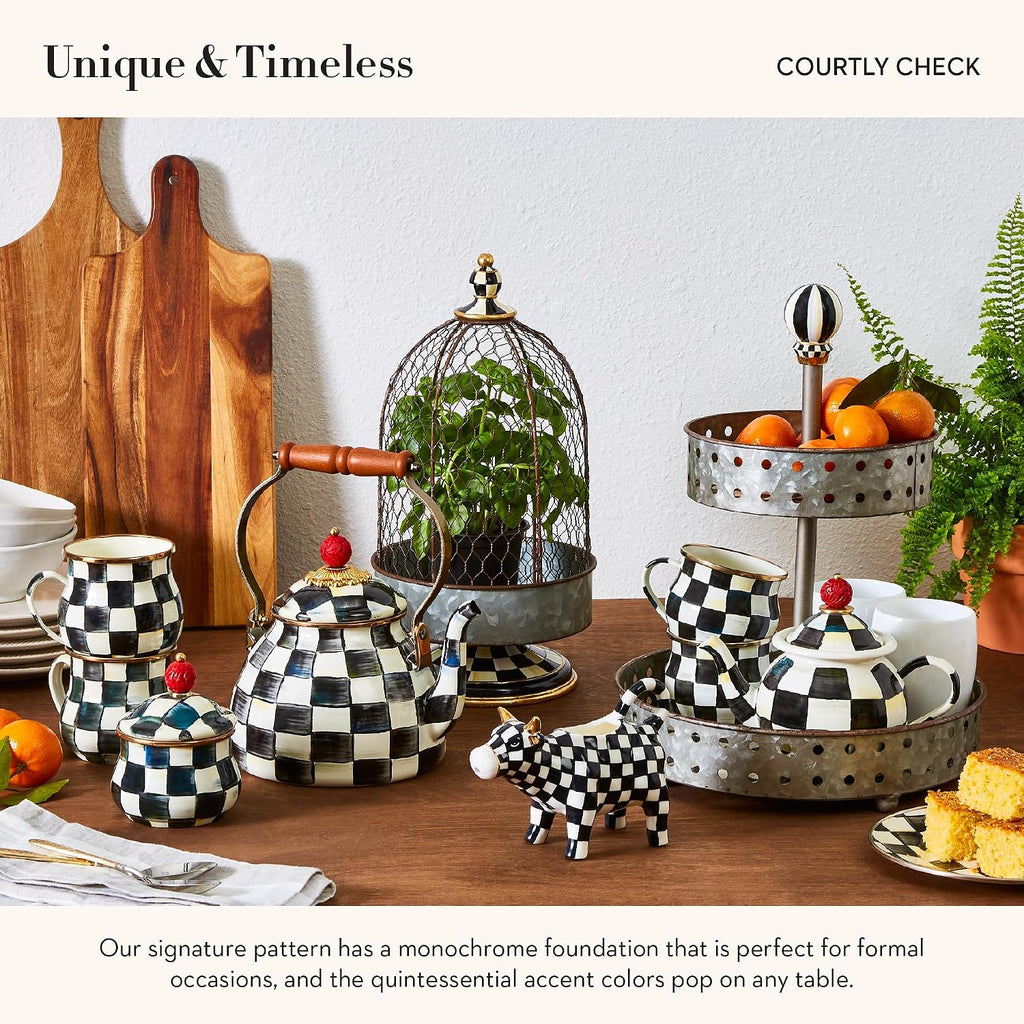 MACKENZIE-CHILDS Enamel Creamer and Sugar-Bowl Set, Cream Dispenser and Sugar Holder, Unique Kitchen Decor, Black-and-White Courtly Check