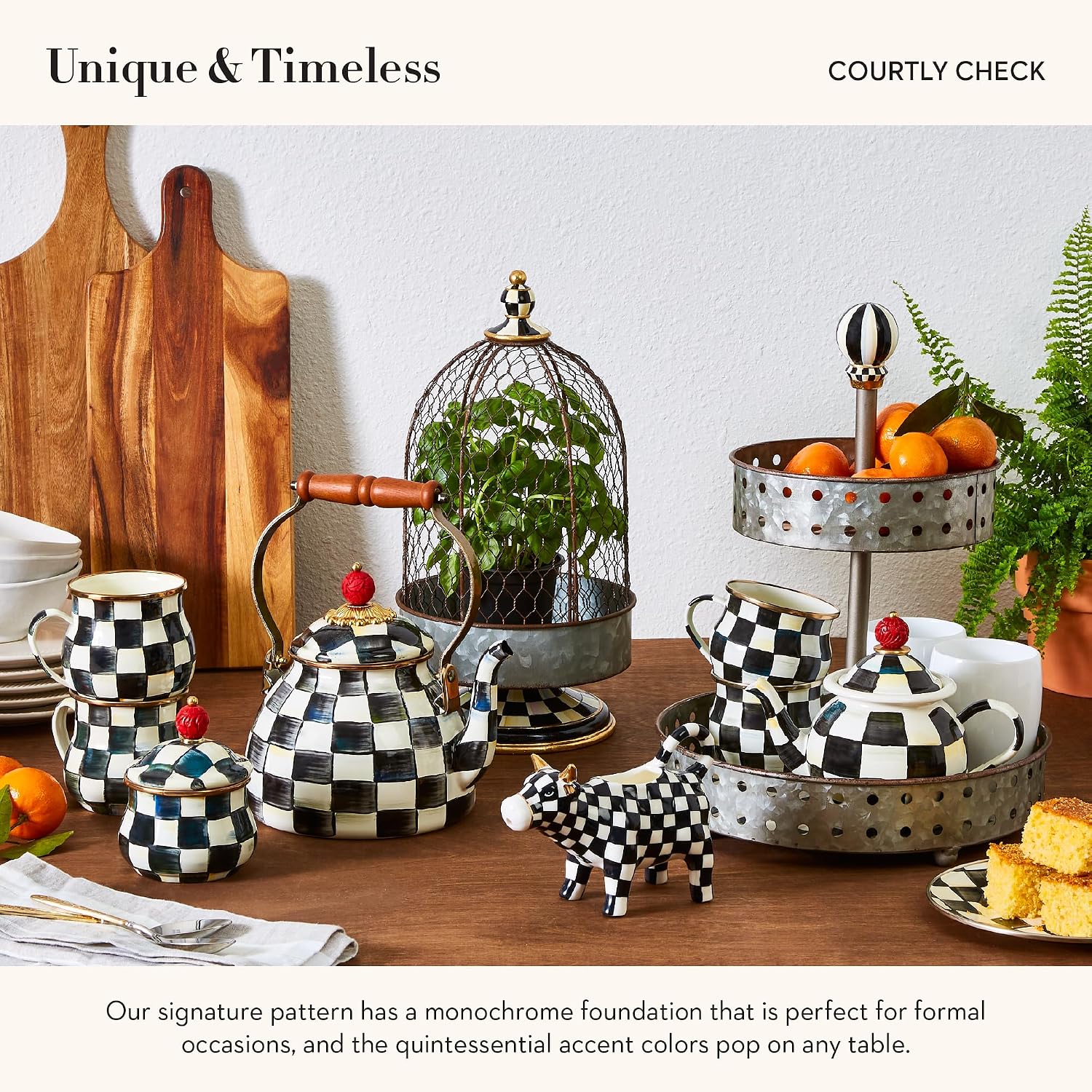 MACKENZIE-CHILDS Enamel Creamer and Sugar-Bowl Set, Cream Dispenser and Sugar Holder, Unique Kitchen Decor, Black-and-White Courtly Check