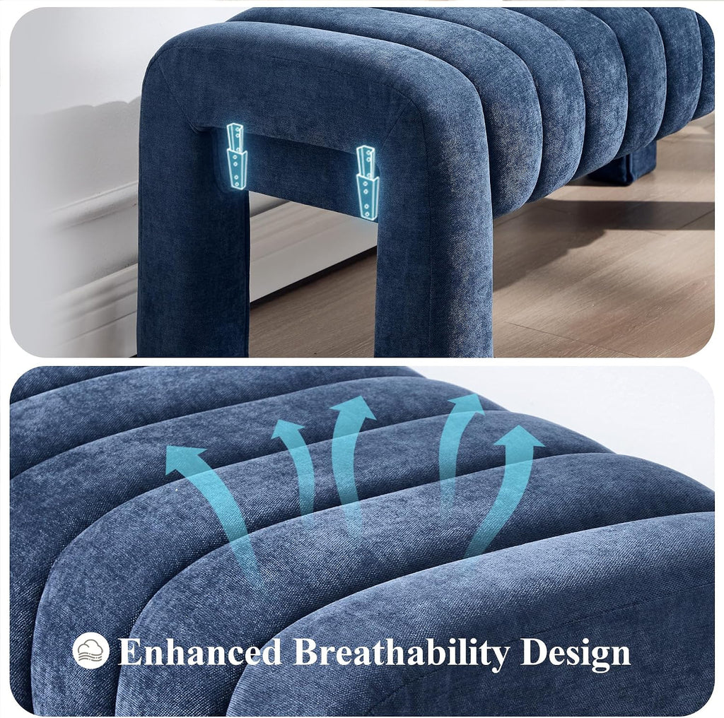 63'' Bedroom Bench, Upholstered End of Bed Bench with Solid Wood Legs, Modern Long Dining Bench with Full Covered Fabrics for Entryway, Bedroom, Living Room (Blue, Chenille)
