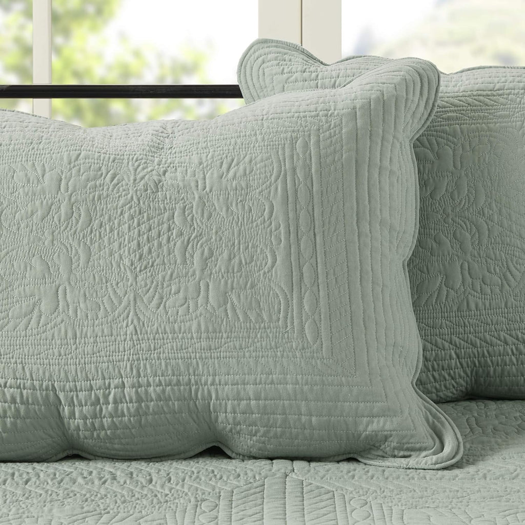 Madison Park Daybed Cover Set Damask Quilted Cover for Daybeds, All Season, Pre-Washed Cotton-Filled Coastal Bedding Scallop Edge, Shams, Bedskirt, Décor Pillows, Tuscany, Seafoam, 39'x75', 6 Piece