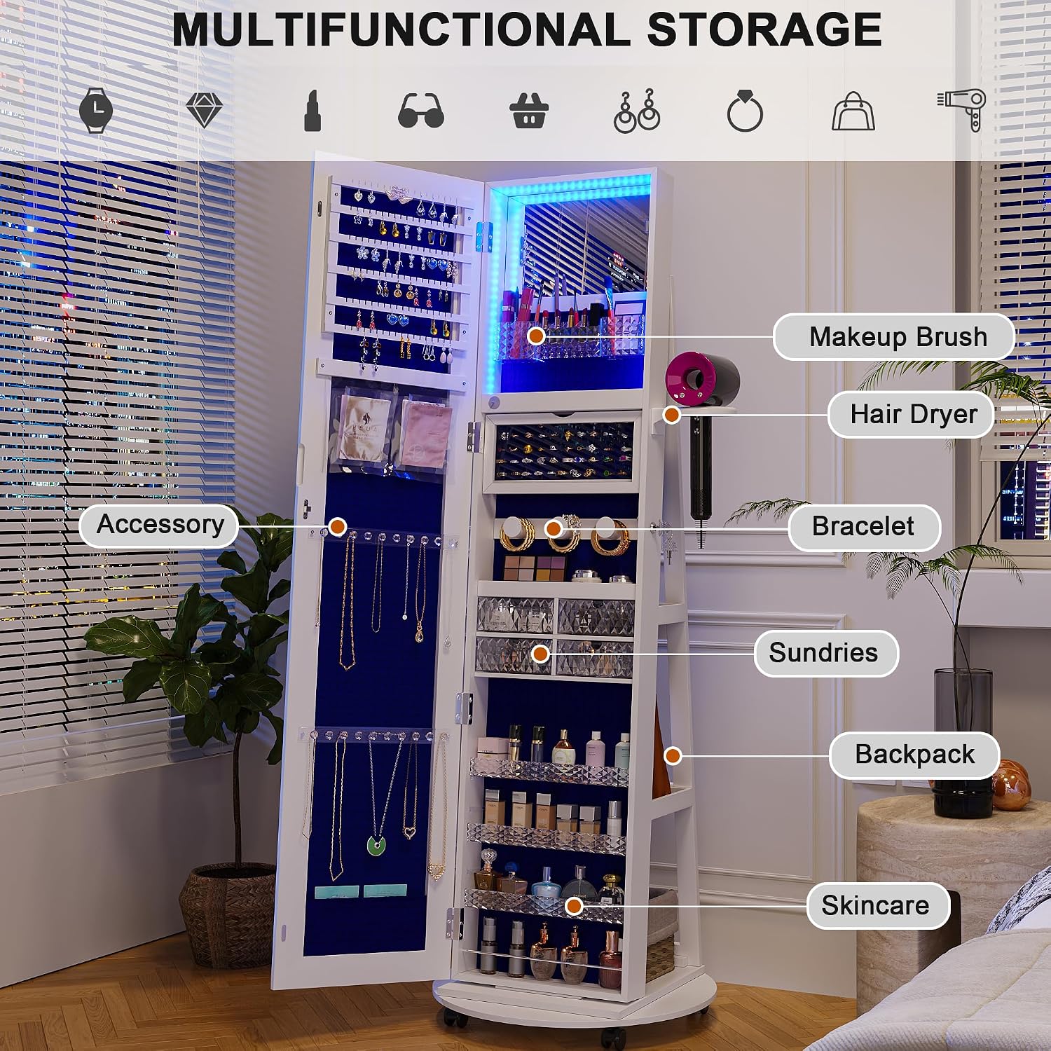 HNEBC 360° Swivel Jewelry Armoire with Mirror, LED Mirror Jewelry Cabinet Standing, Full Length Mirror with Jewelry Storage, Standing Jewelry Organizer/Lockable Wheels/Foldable Makeup Shelf (A-White)