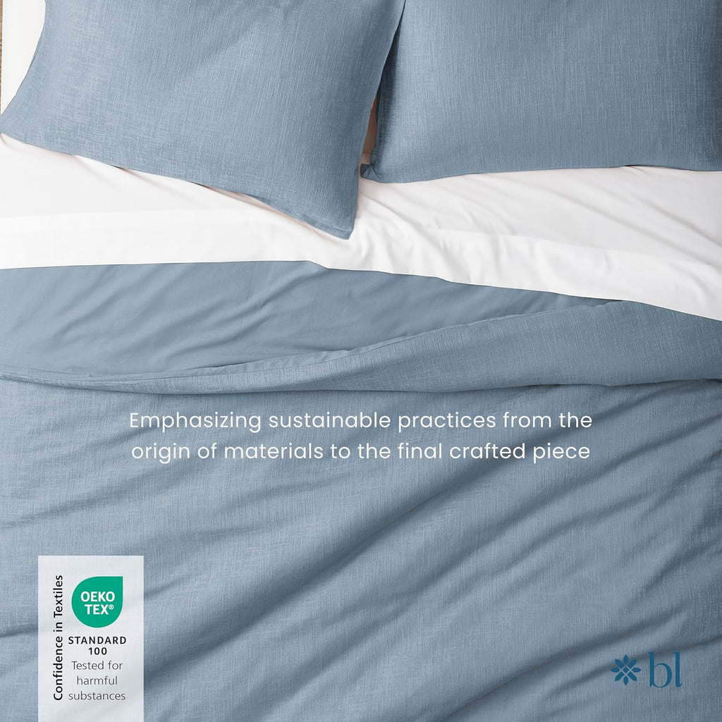 Blue Loom Duvet 100% Cotton Set, 3 Piece, Stone Washed Duvet Set King Size 104' x 92' with 2 Matching Pillow Shams, Comforter Not Included, Vivie - Denim Blue