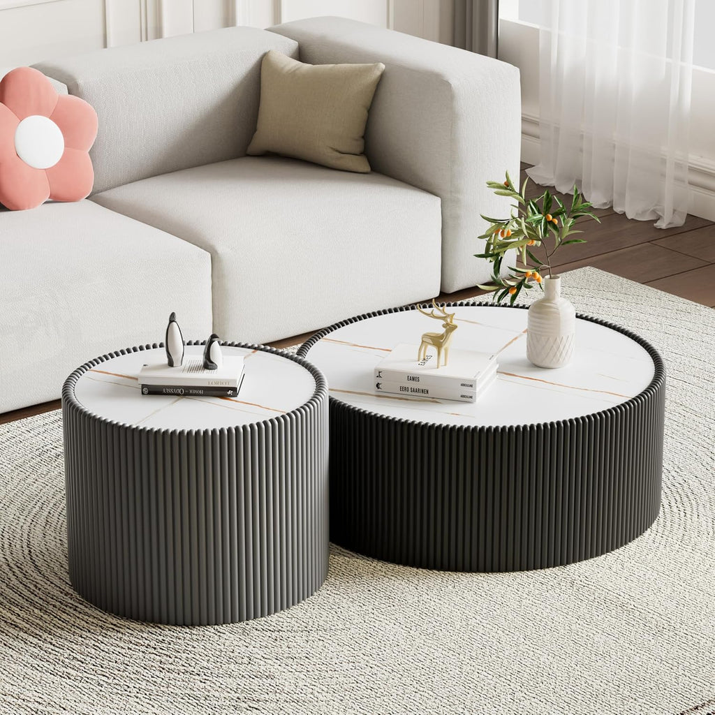 Round Living Room Table Set, 29.52' Black Drum Center Table and 17.71' Grey Coffee Table Set, 2 Pieces Coffee Table Set with Sintered Stone Tabletop, Fluted PU Leather Covered and StableBase